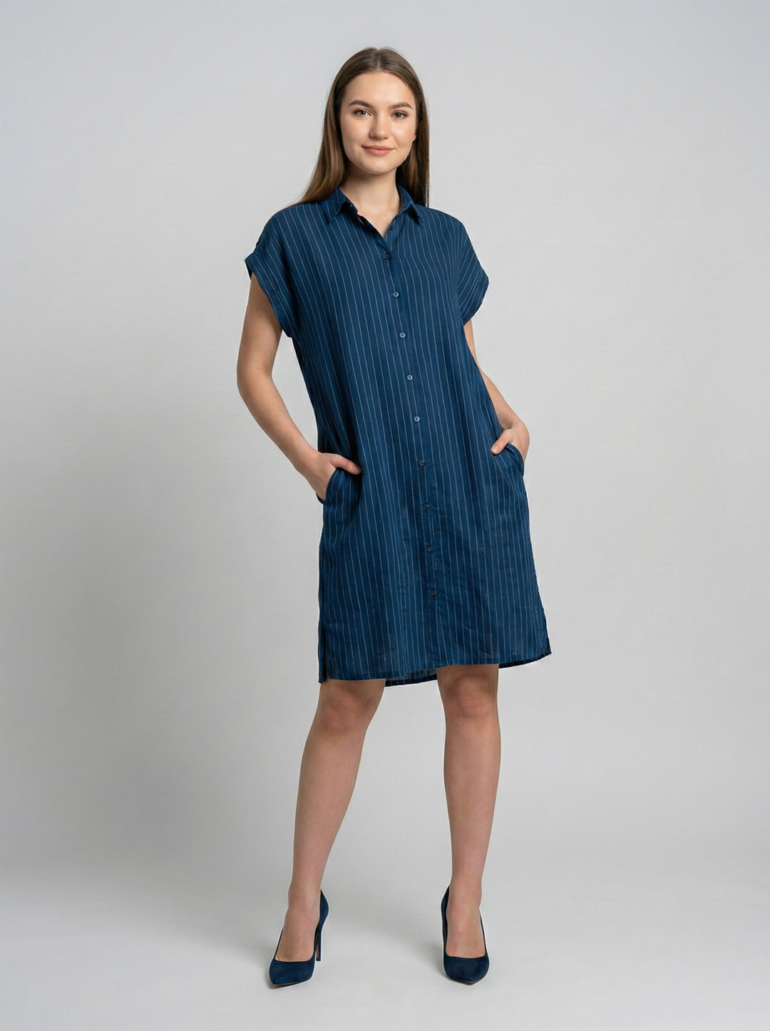 Women Blue Stripe Shirt Style Collared Plus Size Dress 3