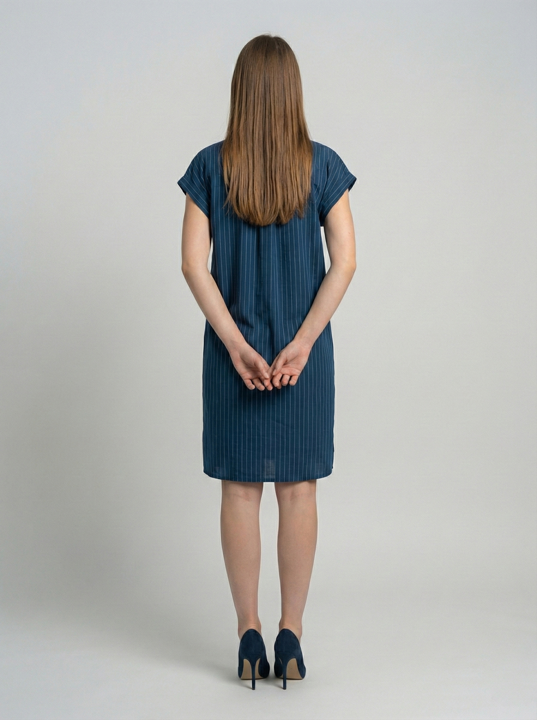 Women Blue Stripe Shirt Style Collared Plus Size Dress 4