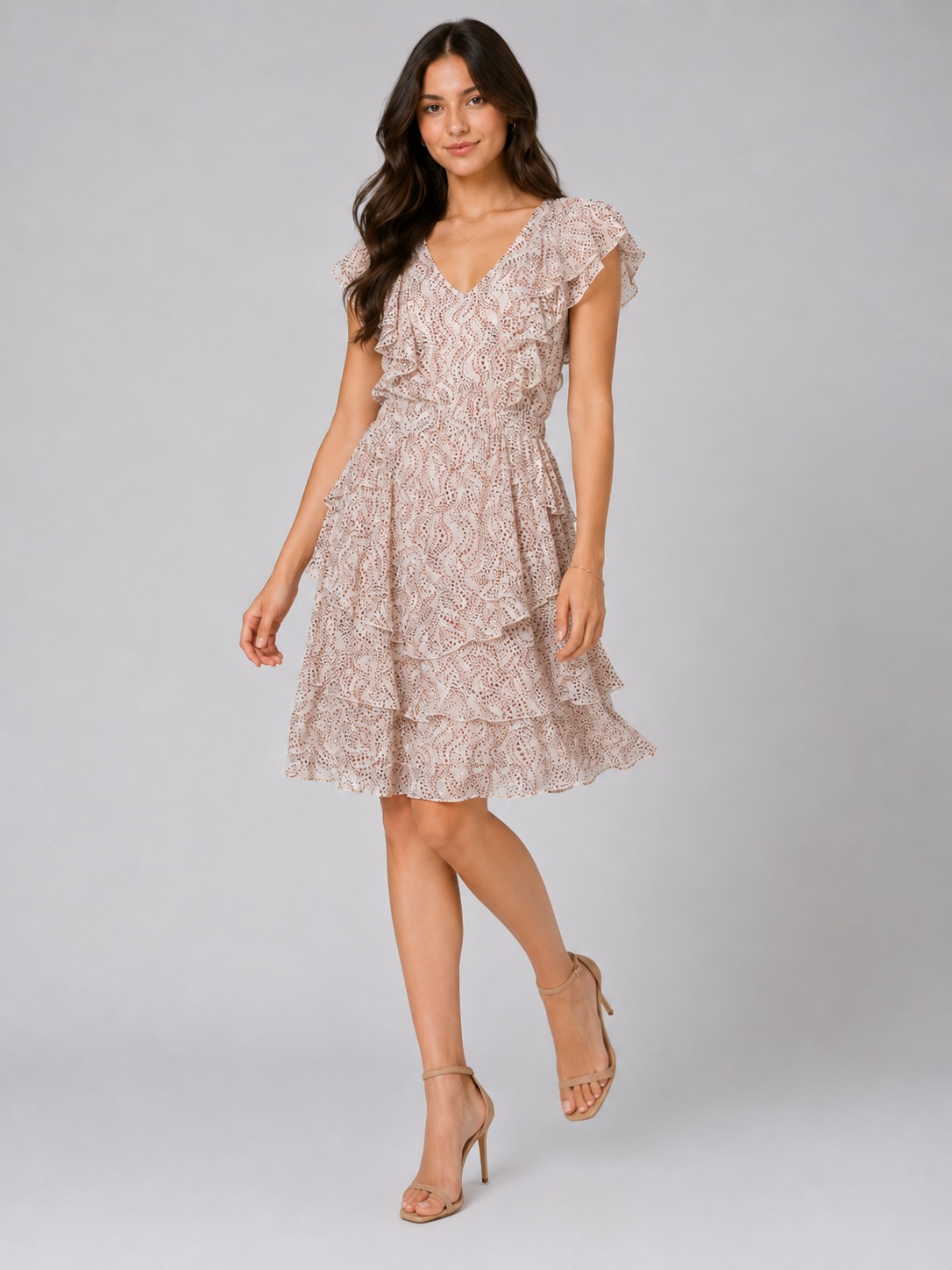 Women Brown Solid Smocked Strapless Ruffle Dress 6