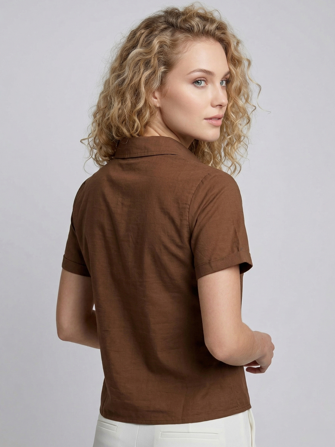 Women Brown Cotton Embroidered Short Sleeve Shirt Style Top 2