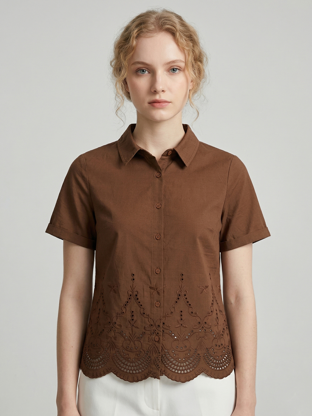 Women Brown Cotton Embroidered Short Sleeve Shirt Style Top 3