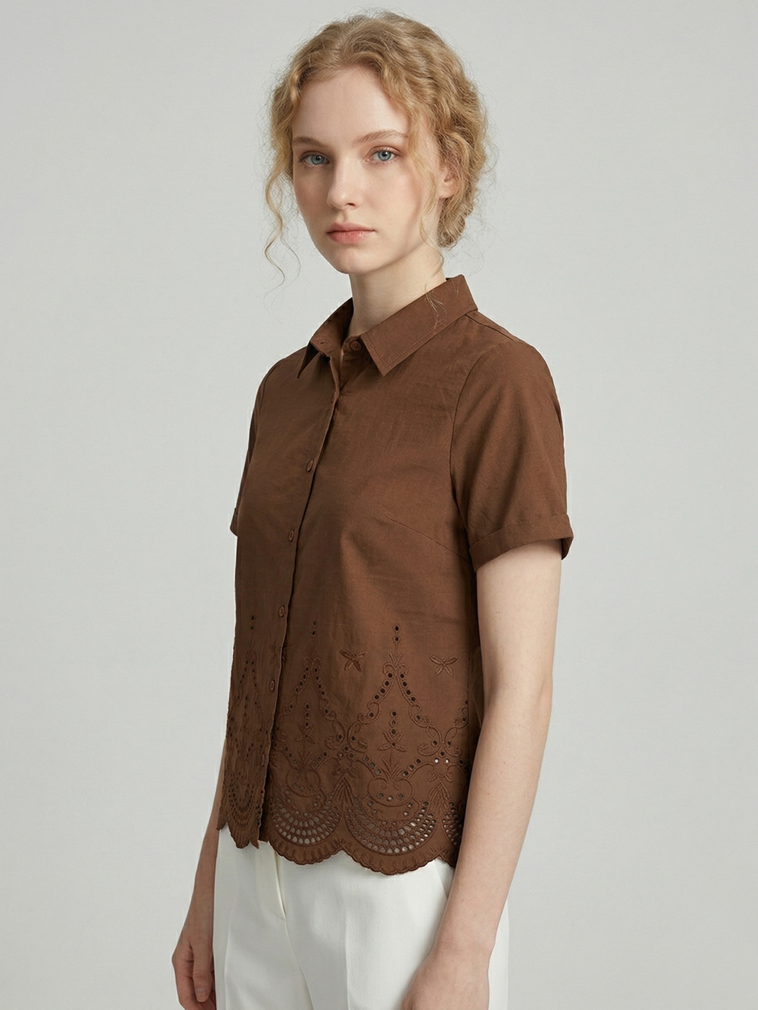 Women Brown Cotton Embroidered Short Sleeve Shirt Style Top 4