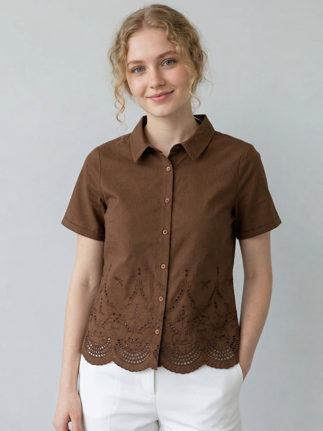 Women Brown Cotton Embroidered Short Sleeve Shirt Style Top 5