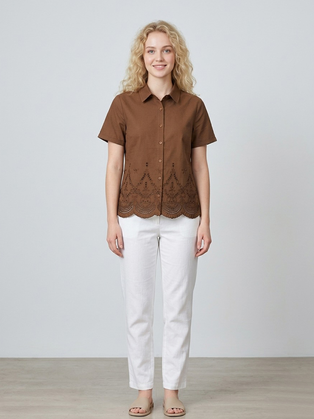 Women Brown Cotton Embroidered Short Sleeve Shirt Style Top 6