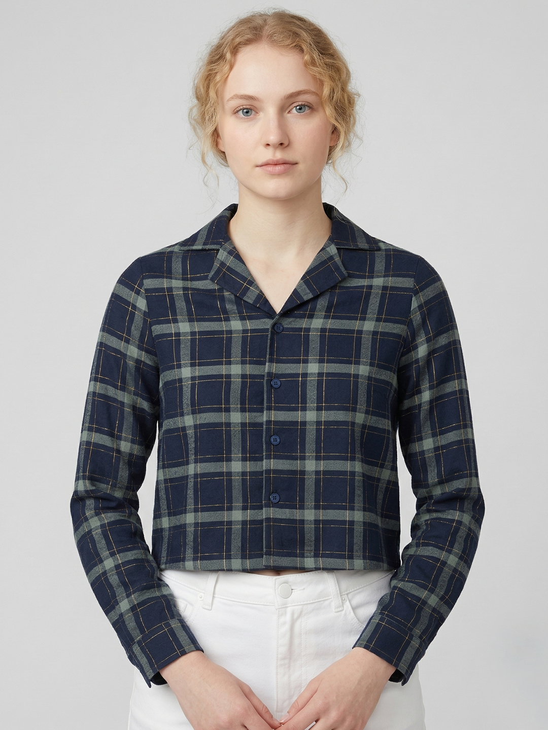 Women Blue Checked Cotton Long Sleeve Shirt Style Top