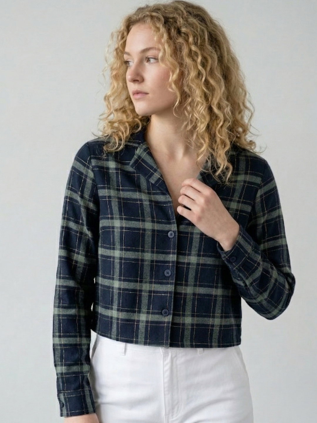 Women Blue Checked Cotton Long Sleeve Shirt Style Top 2