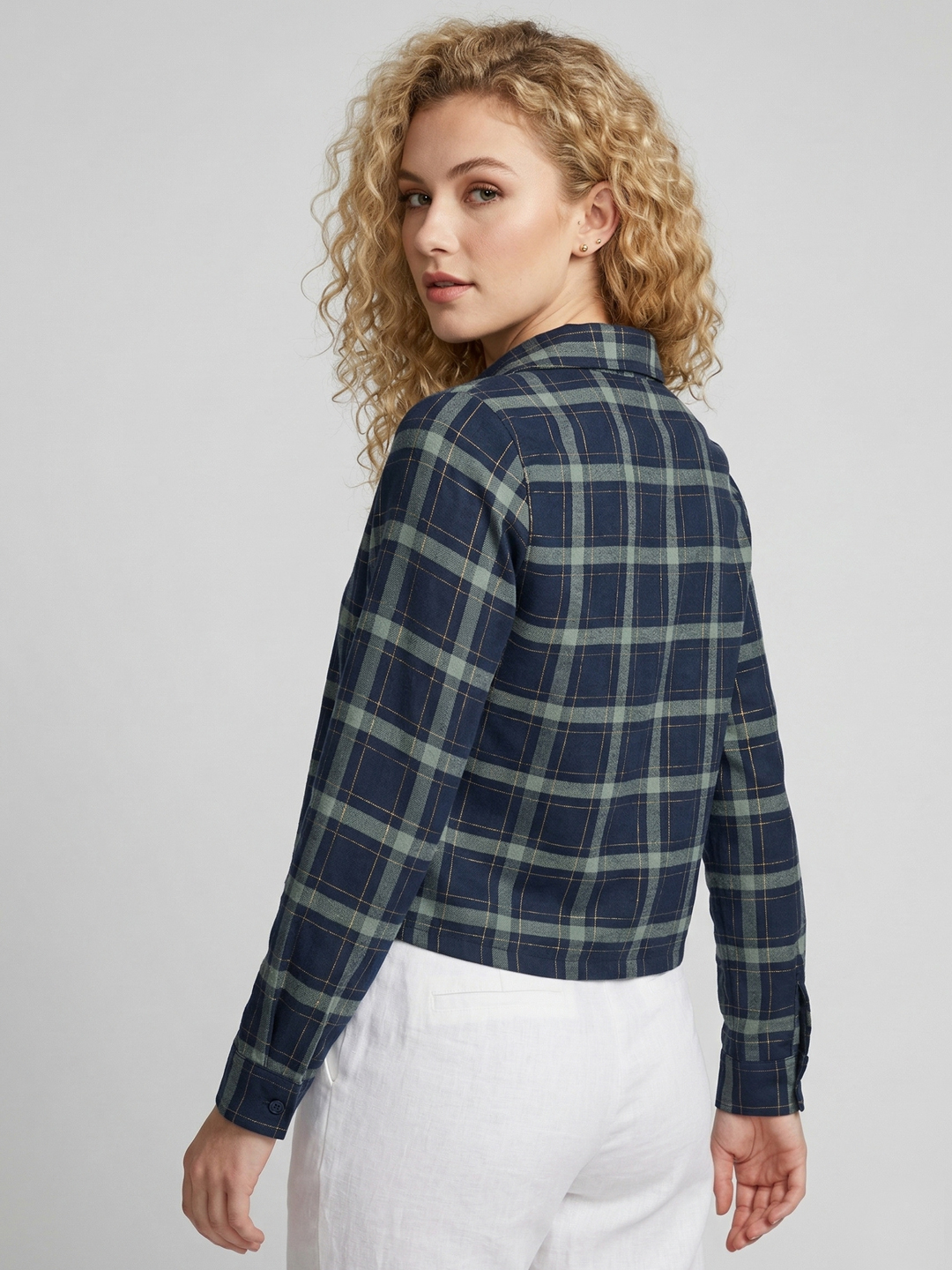 Women Blue Checked Cotton Long Sleeve Shirt Style Top 3