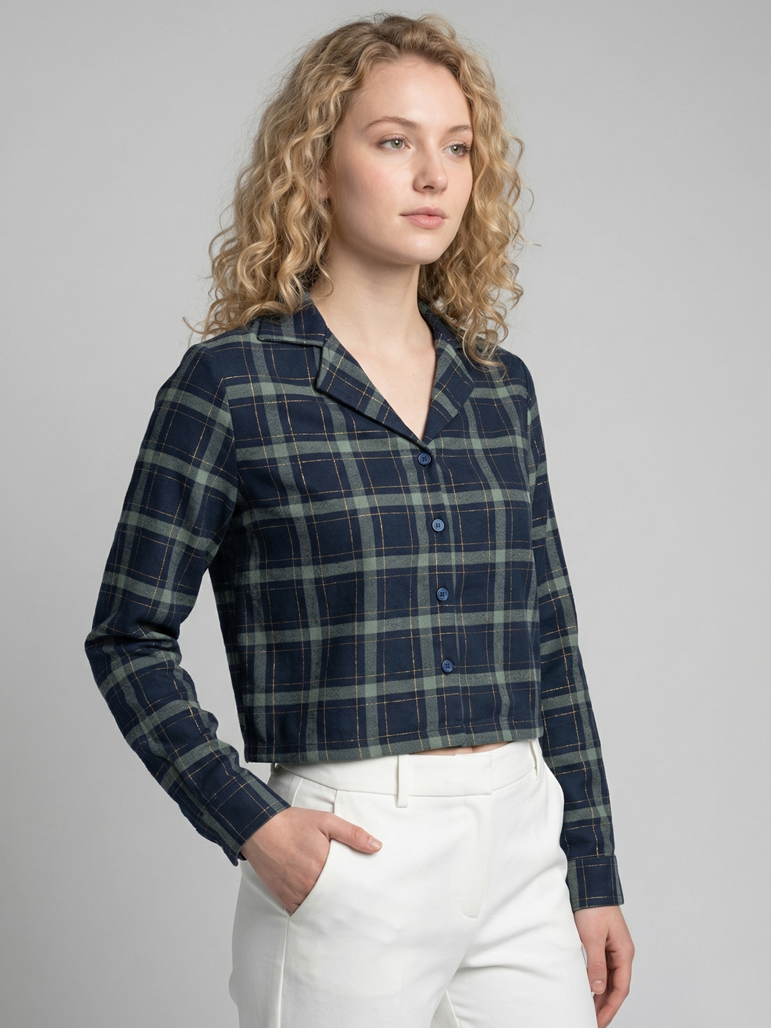 Women Blue Checked Cotton Long Sleeve Shirt Style Top 4