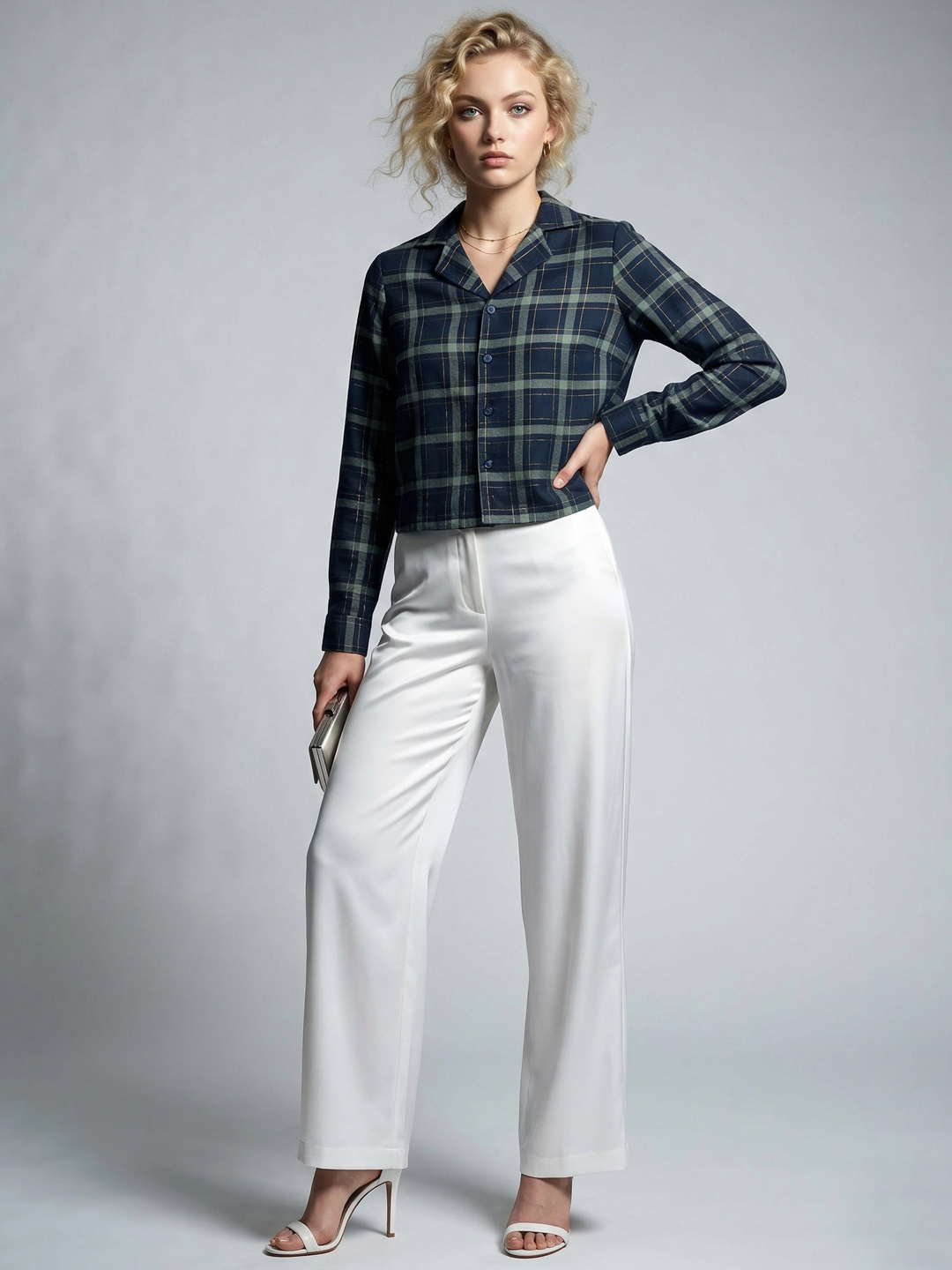 Women Blue Checked Cotton Long Sleeve Shirt Style Top 5