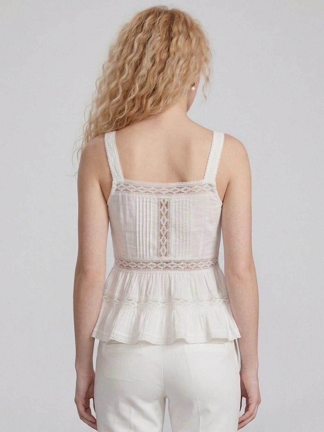 Women White Lace Inserted Cotton Embroidered Crochet Trim Tank Top 2