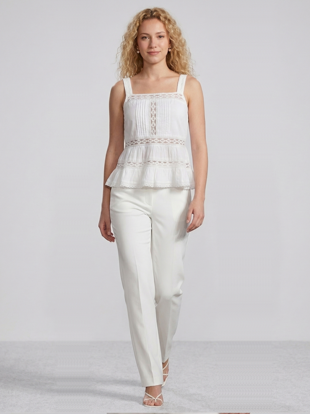Women White Lace Inserted Cotton Embroidered Crochet Trim Tank Top 4