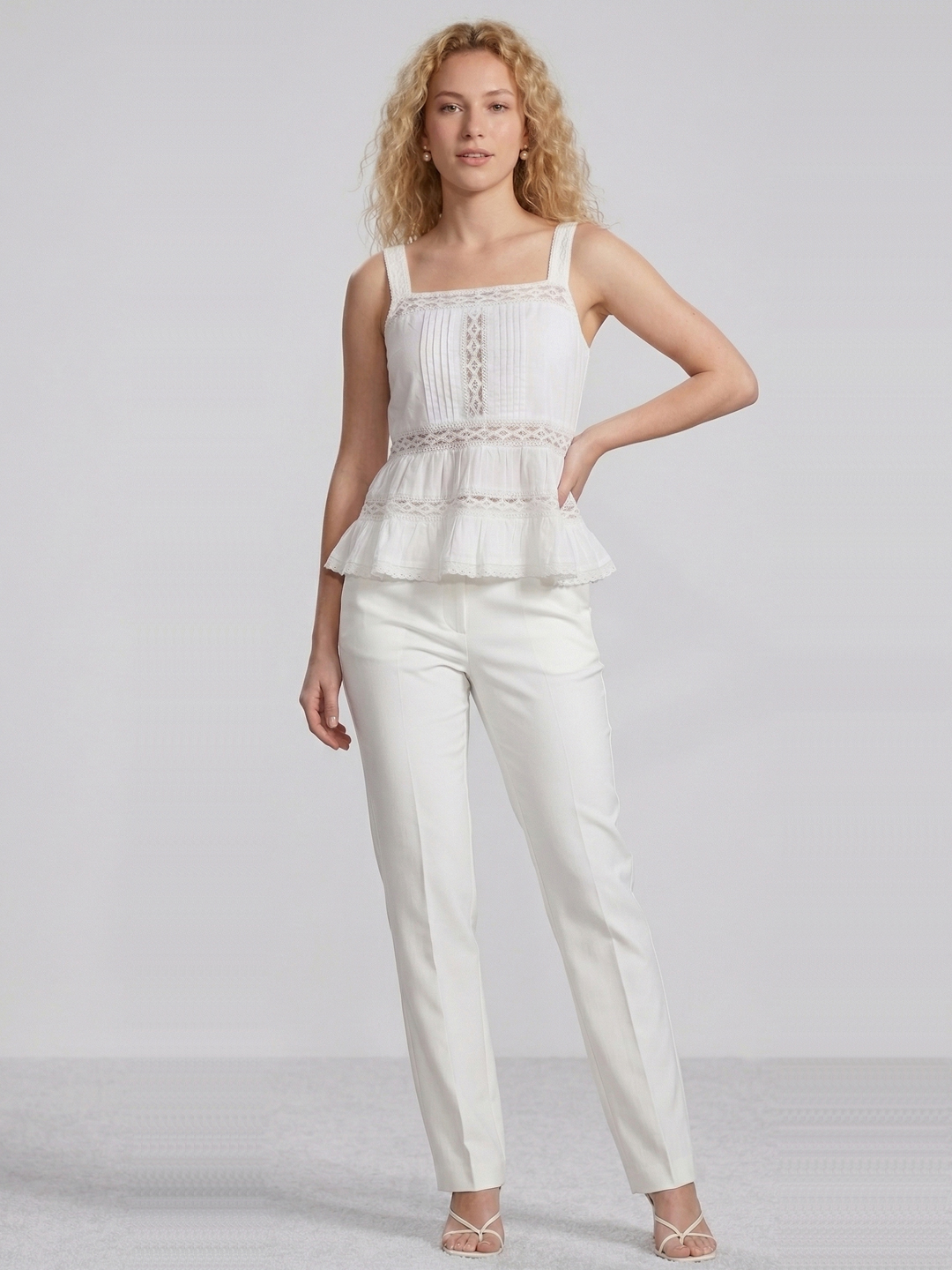 Women White Lace Inserted Cotton Embroidered Crochet Trim Tank Top 5