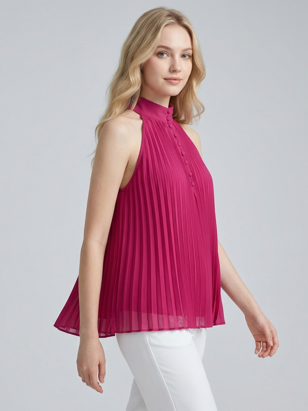 Women Magenta Pleated Halter Neck Tank Top 3