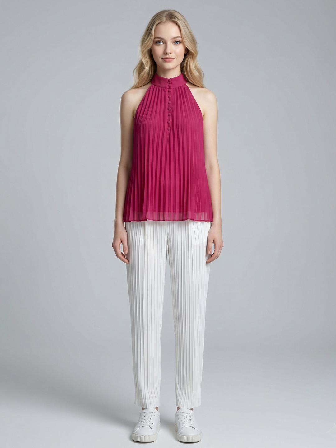 Women Magenta Pleated Halter Neck Tank Top 6