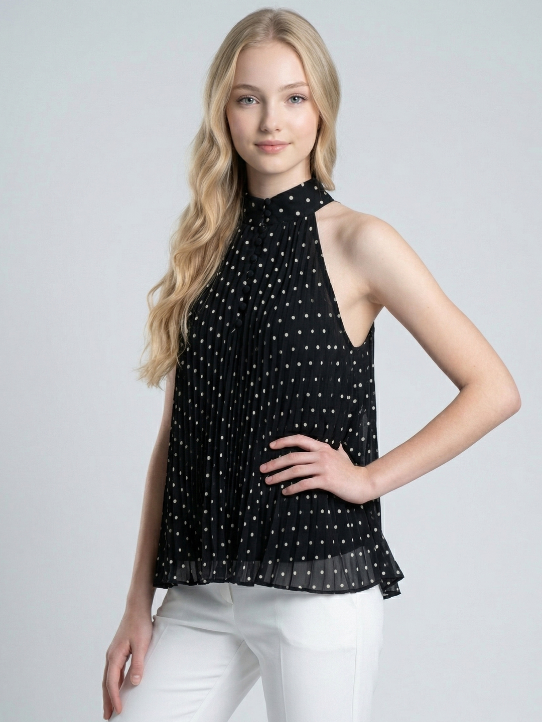 Women Black & White Polka Dot Pleated Halter Neck Tank Top 3