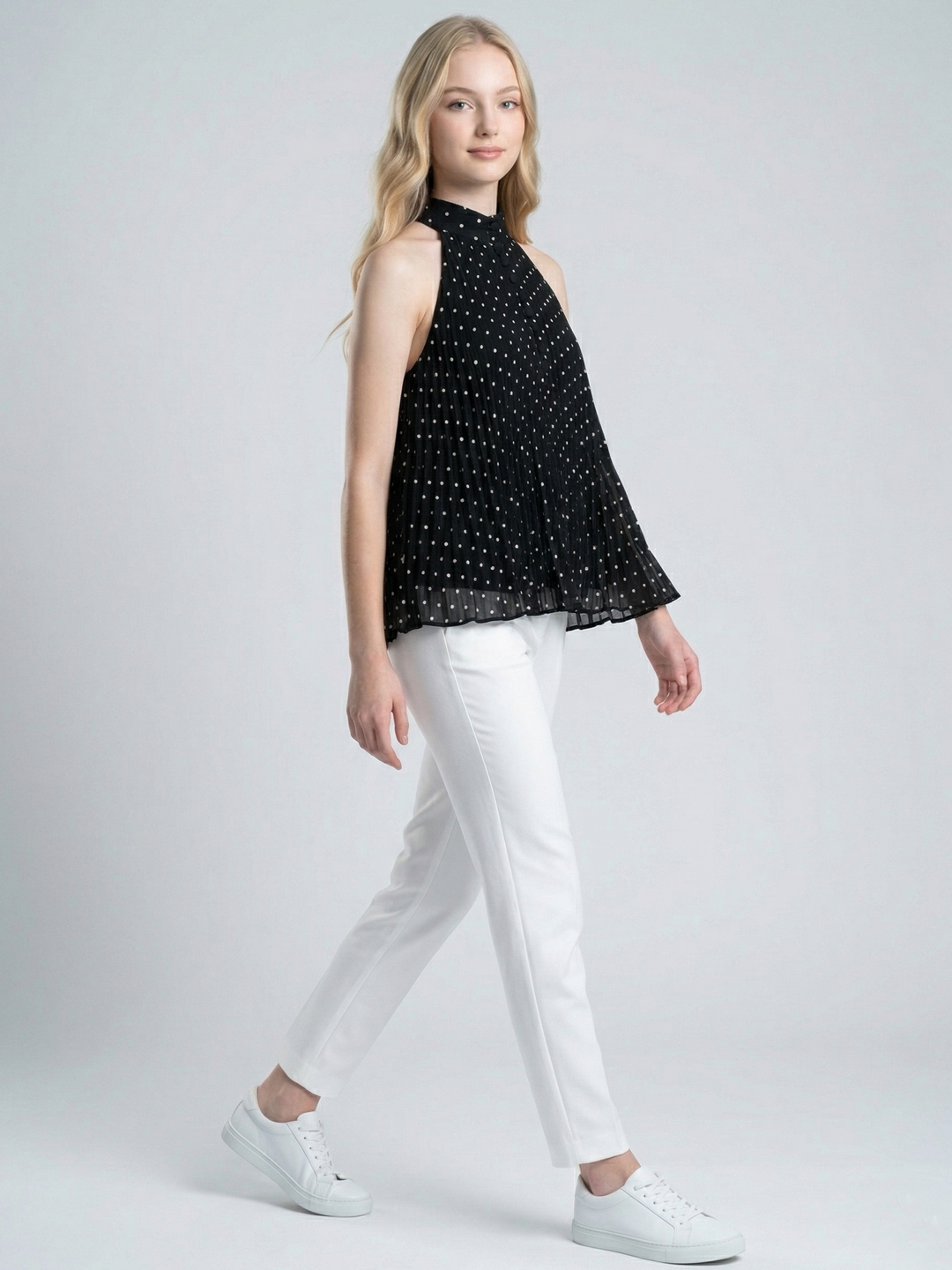 Women Black & White Polka Dot Pleated Halter Neck Tank Top 5