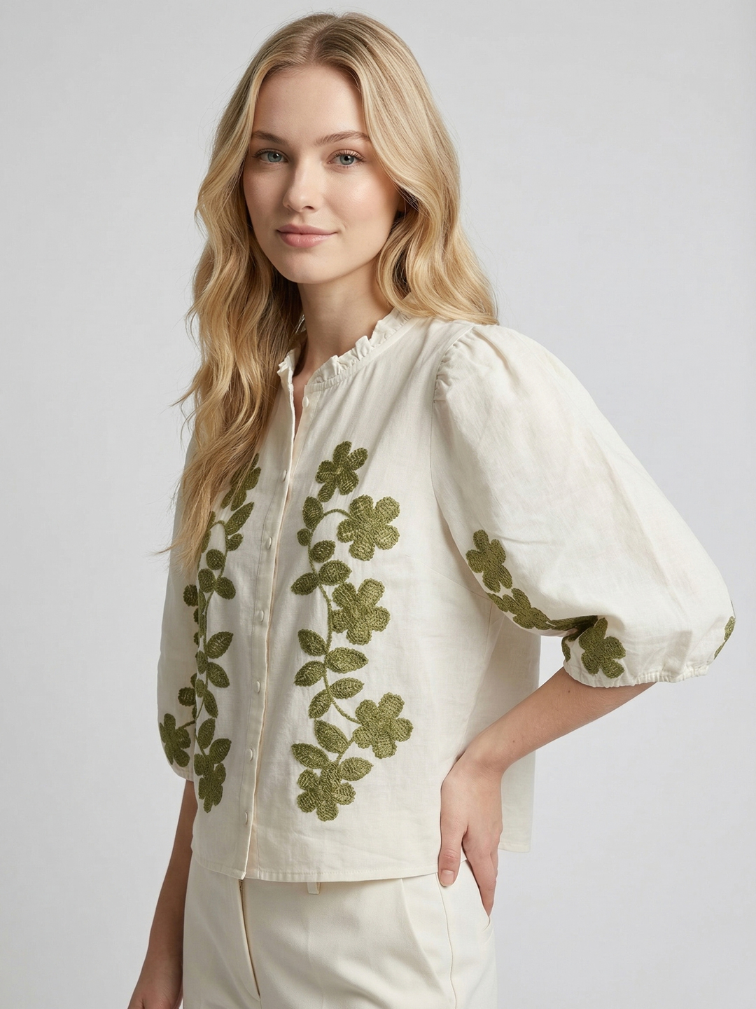 Women Off-White Cotton Floral Embroidered Top 2