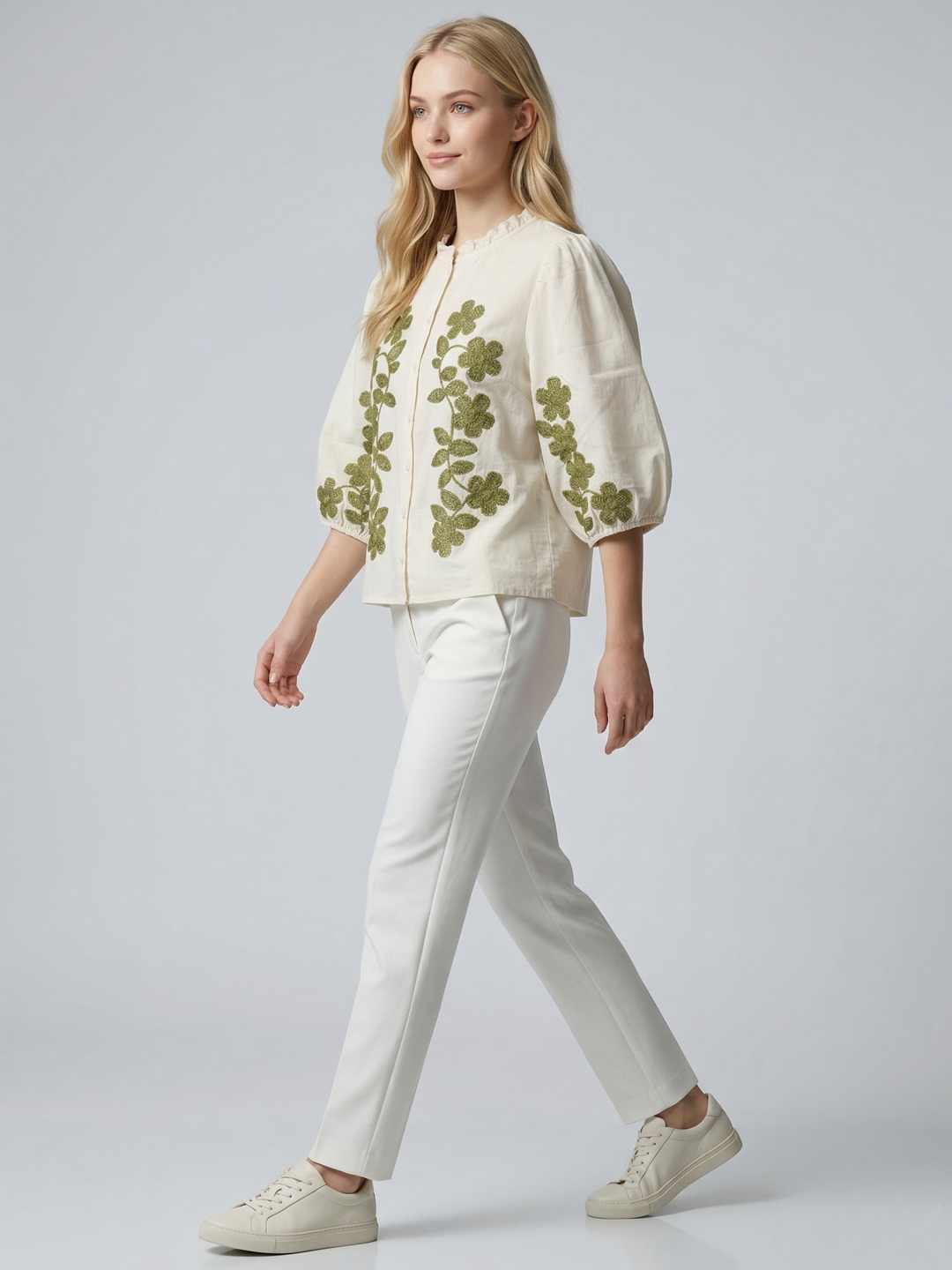Women Off-White Cotton Floral Embroidered Top 3