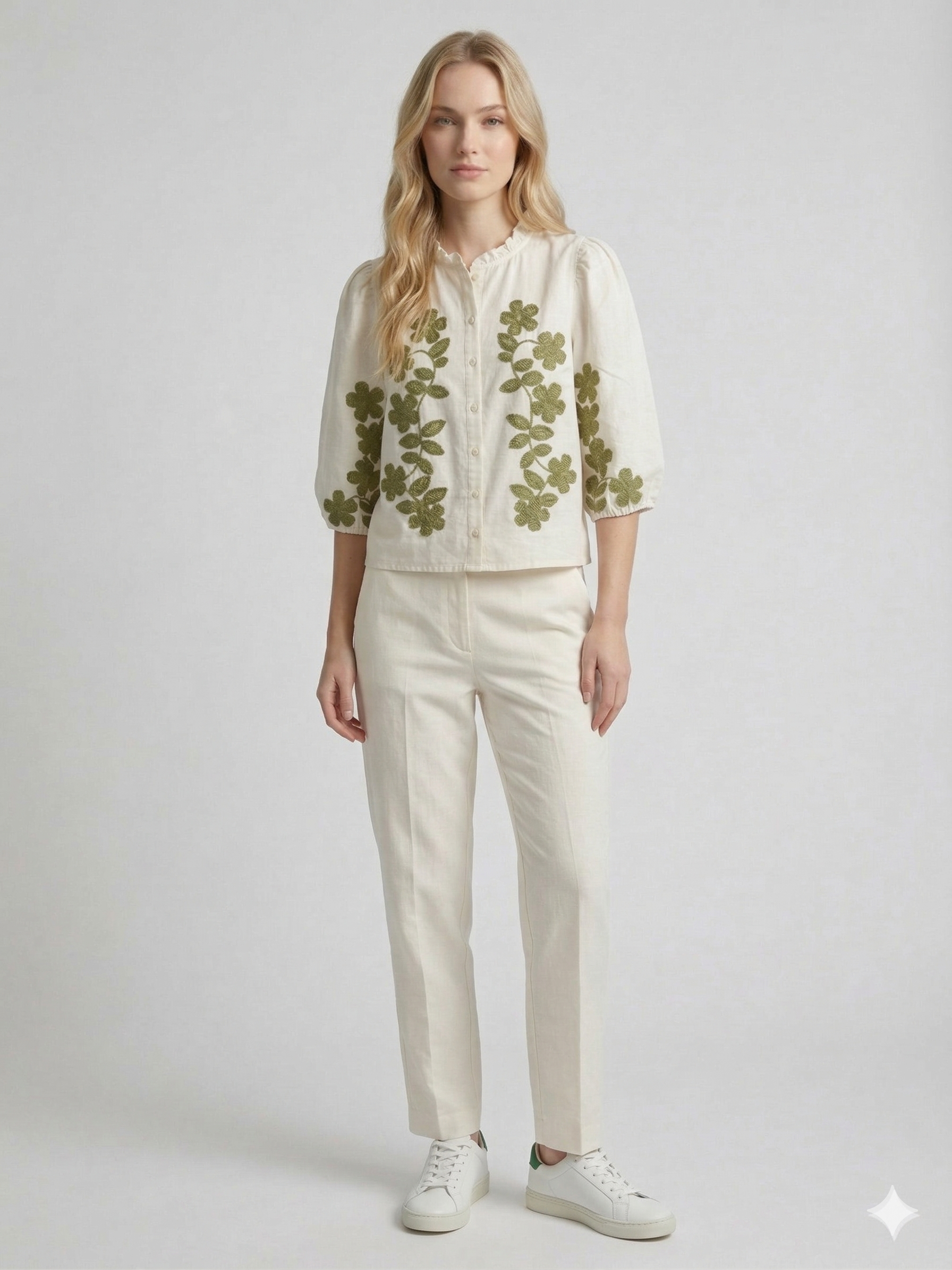 Women Off-White Cotton Floral Embroidered Top 4