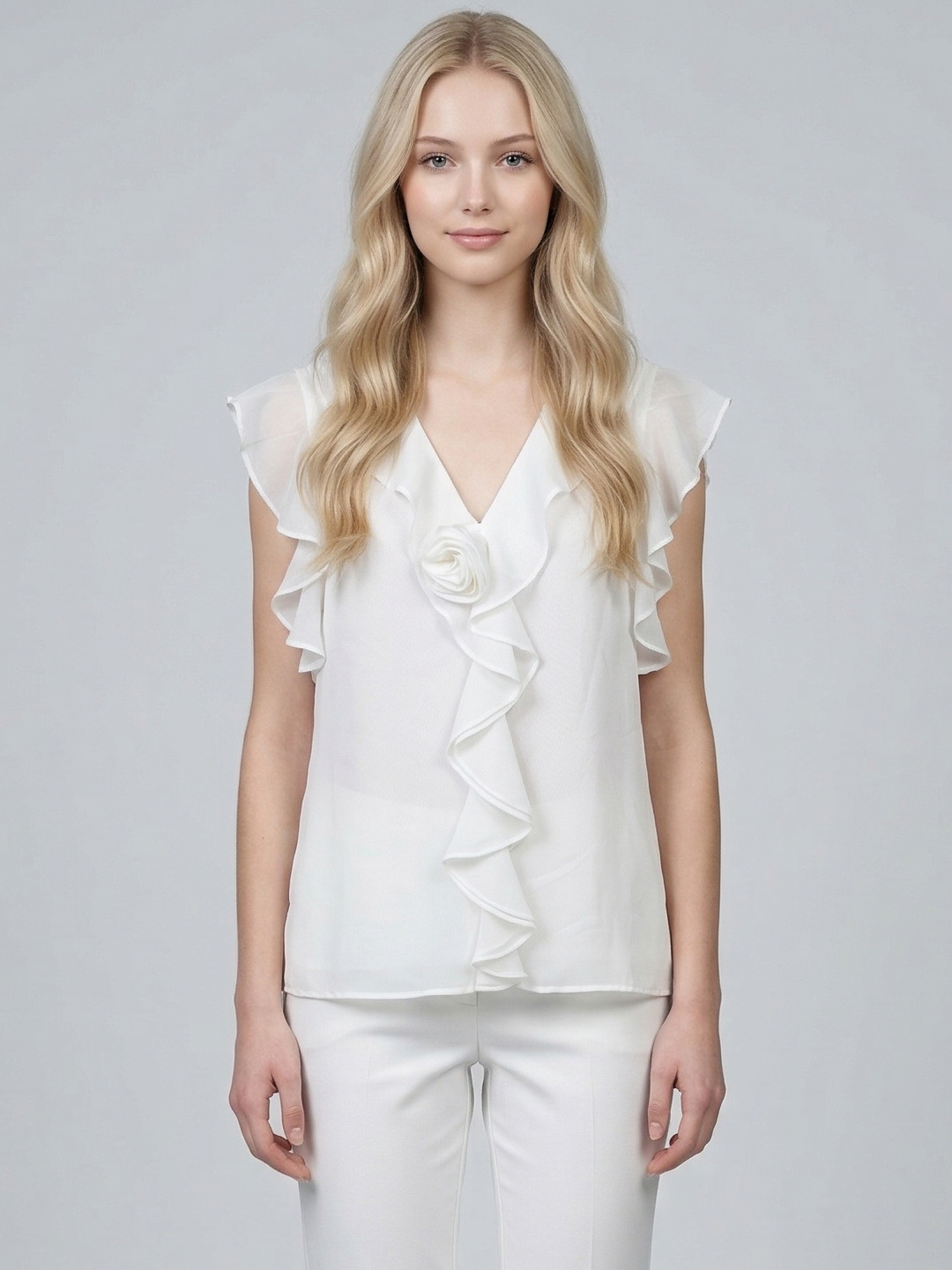 Women White Floral Ruffle Tank Top