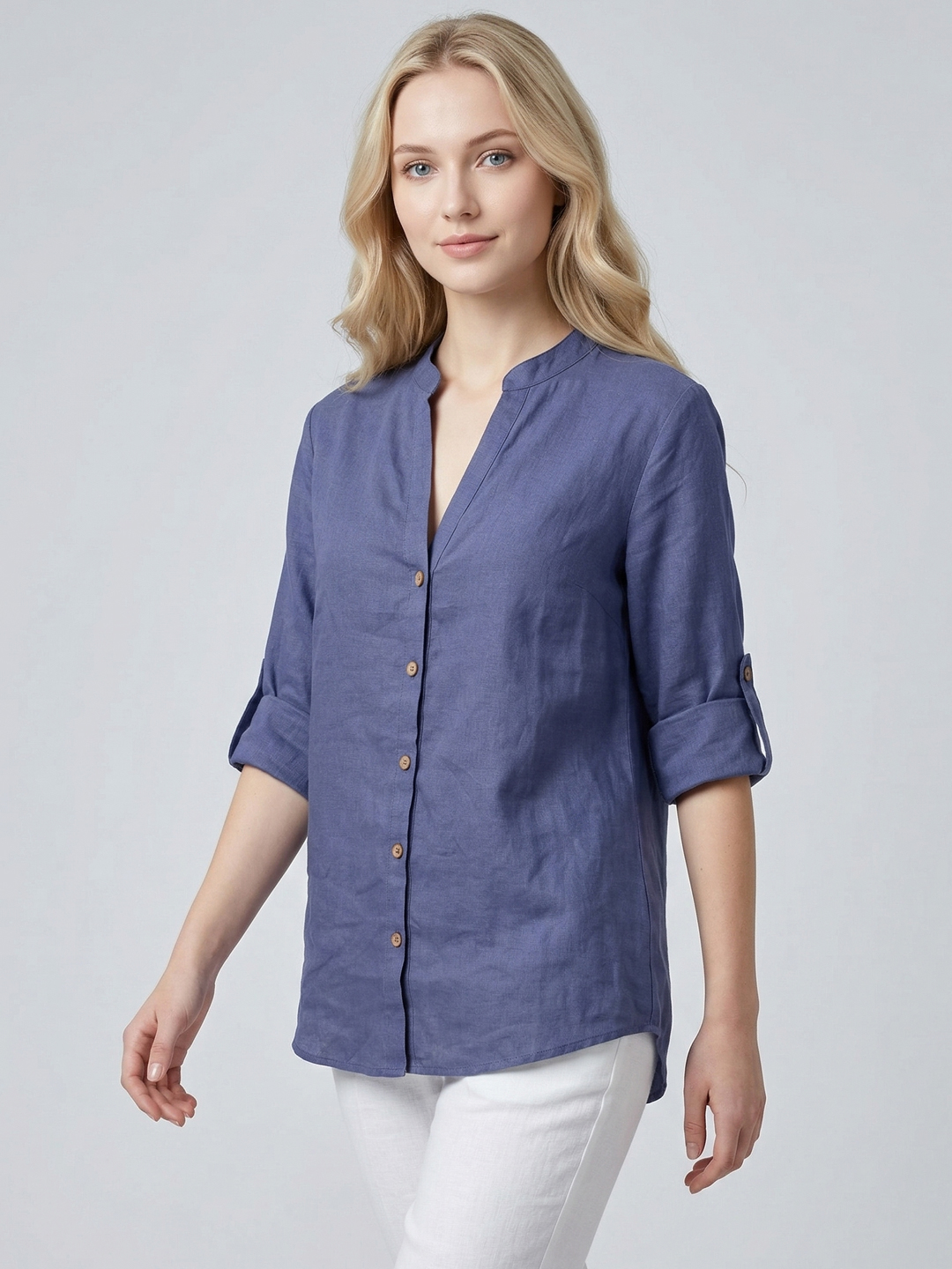 Women Blue Cotton Mandarin Collar Oversized Shirt Style Top 2