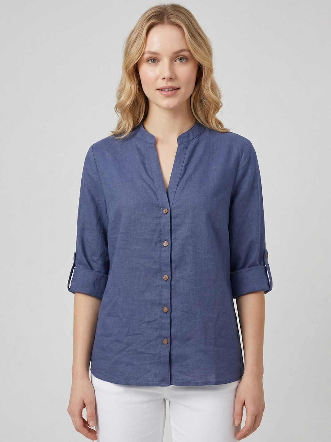 Women Blue Cotton Mandarin Collar Oversized Shirt Style Top 3