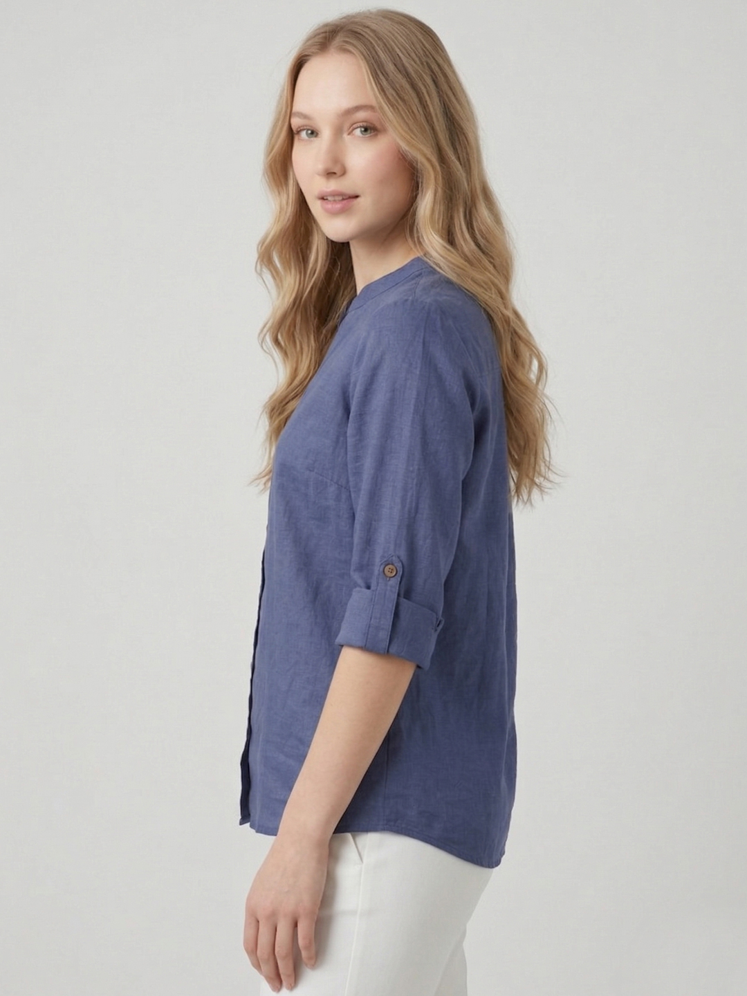 Women Blue Cotton Mandarin Collar Oversized Shirt Style Top 4