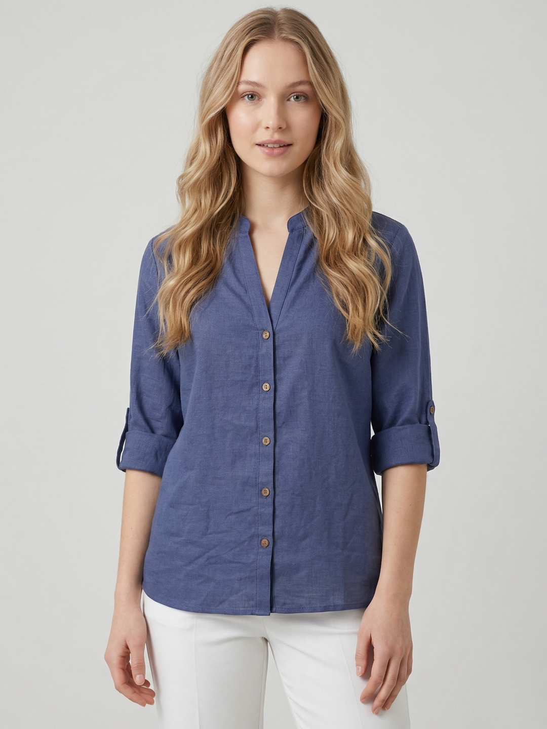 Women Blue Cotton Mandarin Collar Oversized Shirt Style Top 5