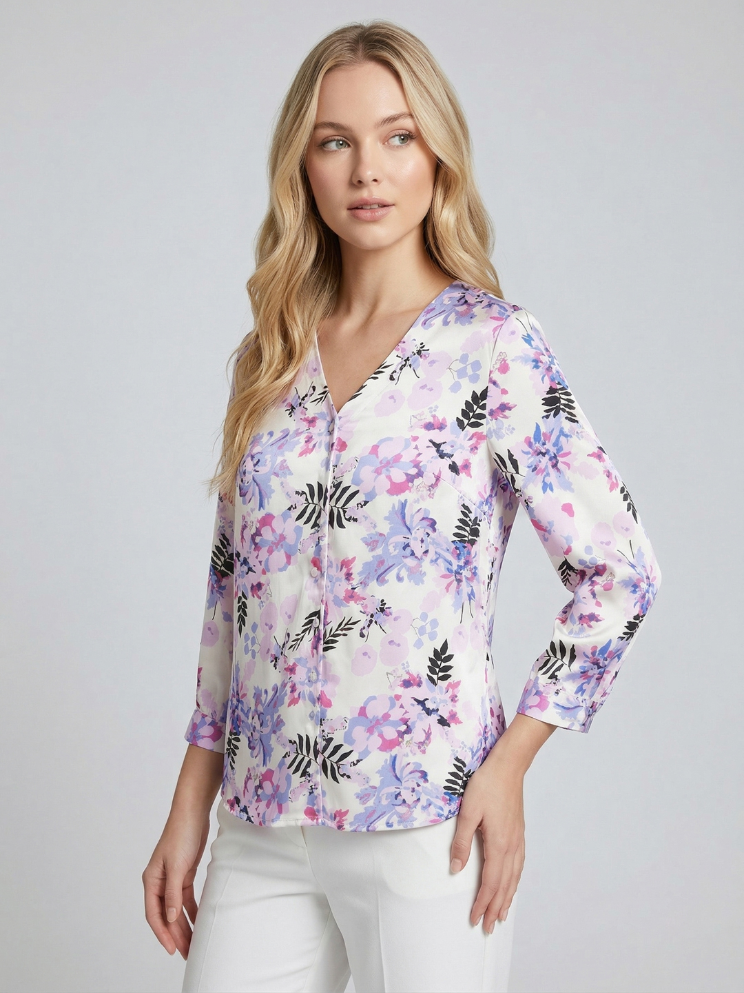 Women Satin Floral Print Longline Plus Size Top 2
