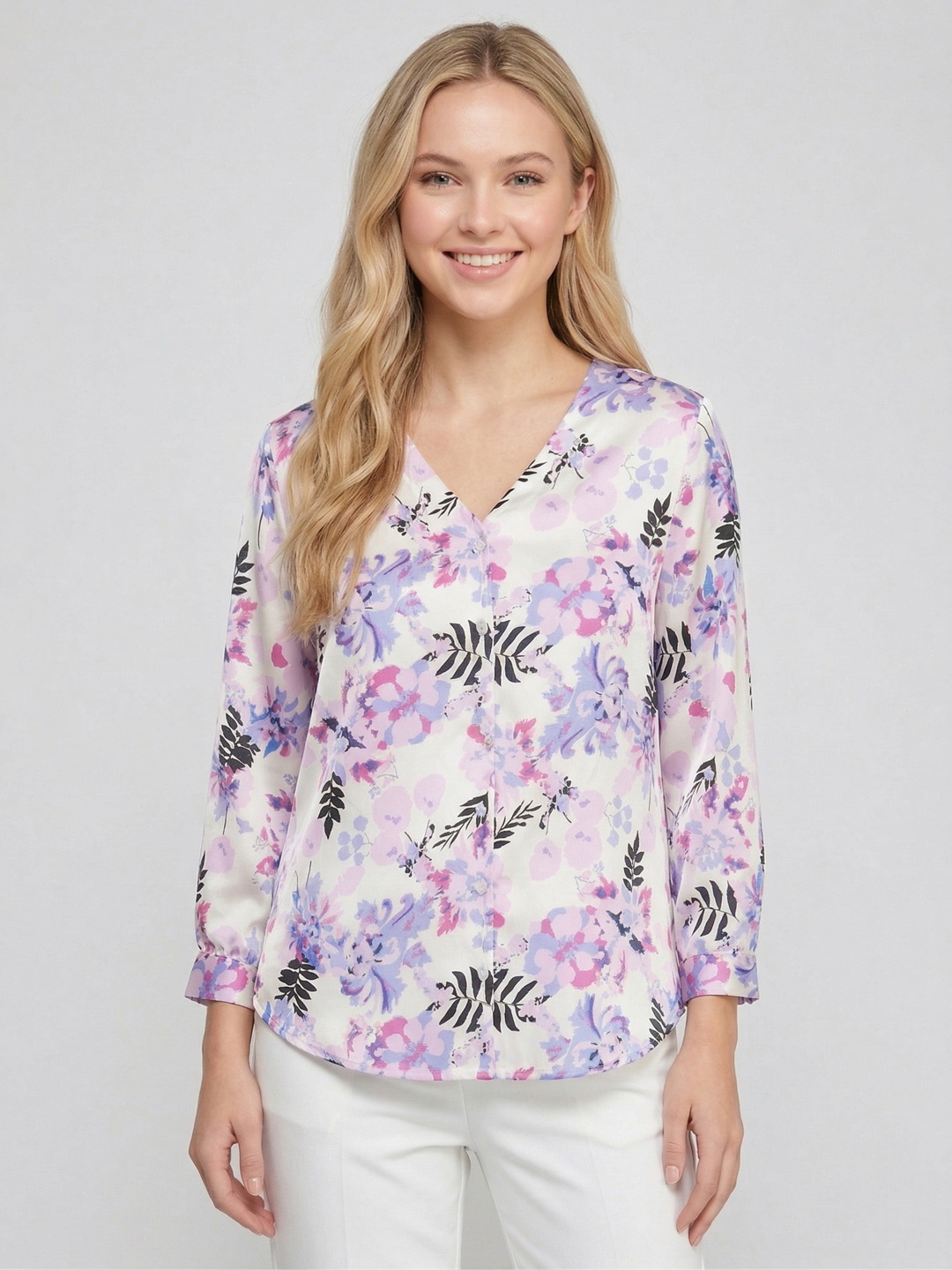 Women Satin Floral Print Longline Plus Size Top 3