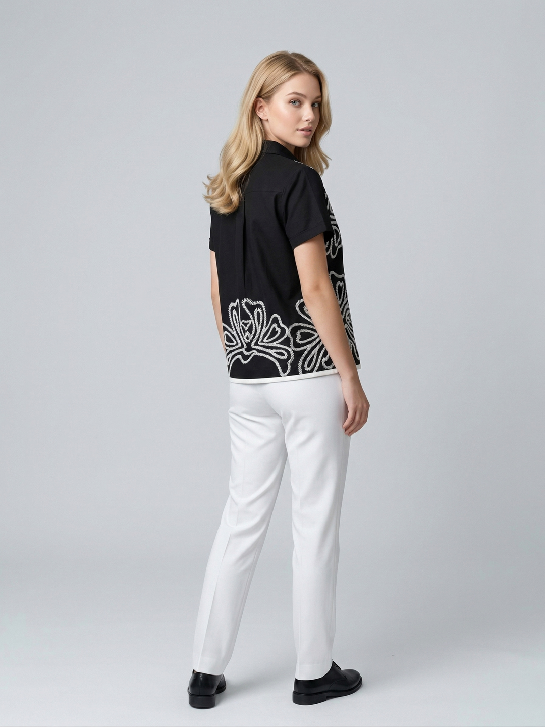 Women Black Embroidered Collared Shirt Style Top 2