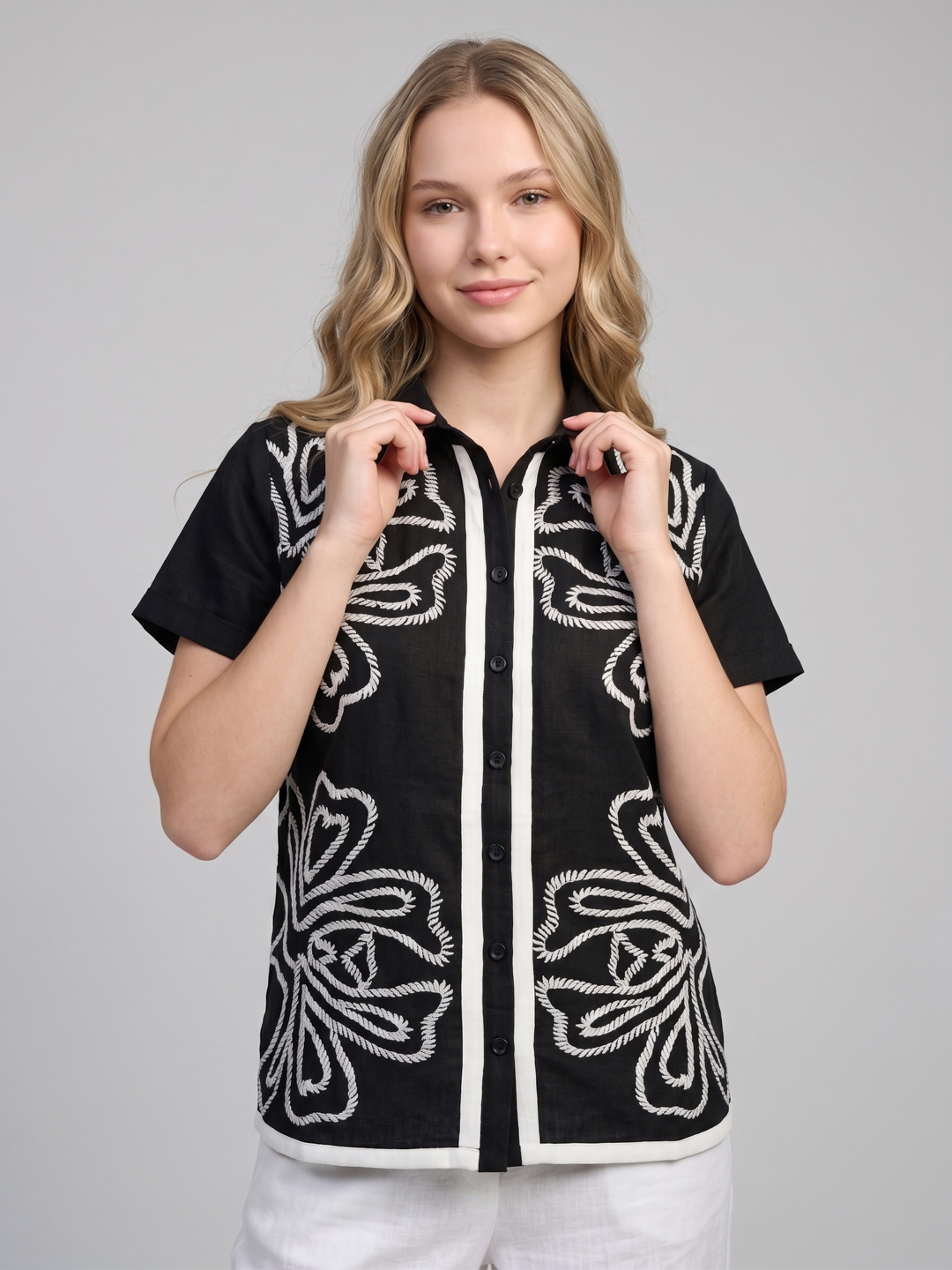 Women Black Embroidered Collared Shirt Style Top 3