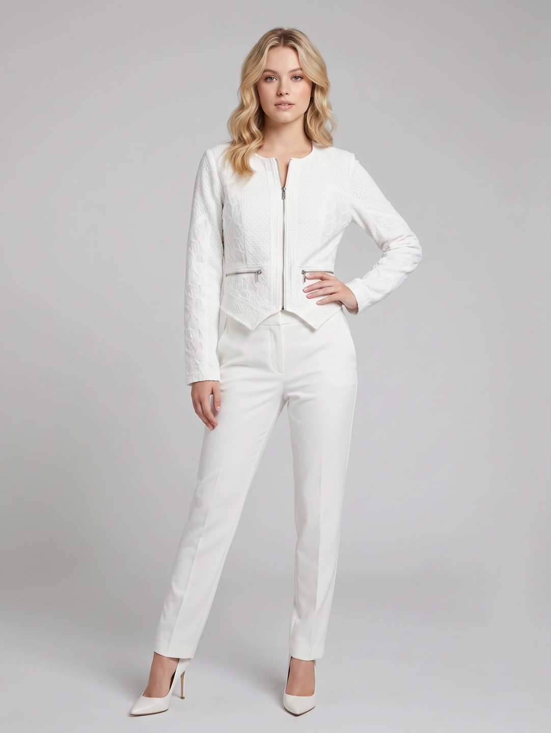 Women White Tailored Schiffli Cotton Jacket 2