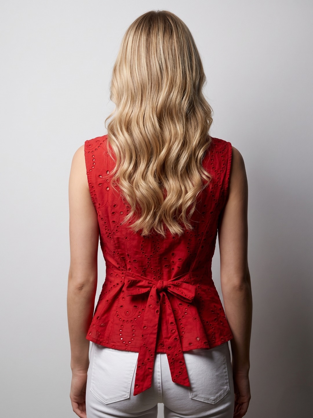 Women Red Schiffli Embroidered Cotton Peplum Top 3