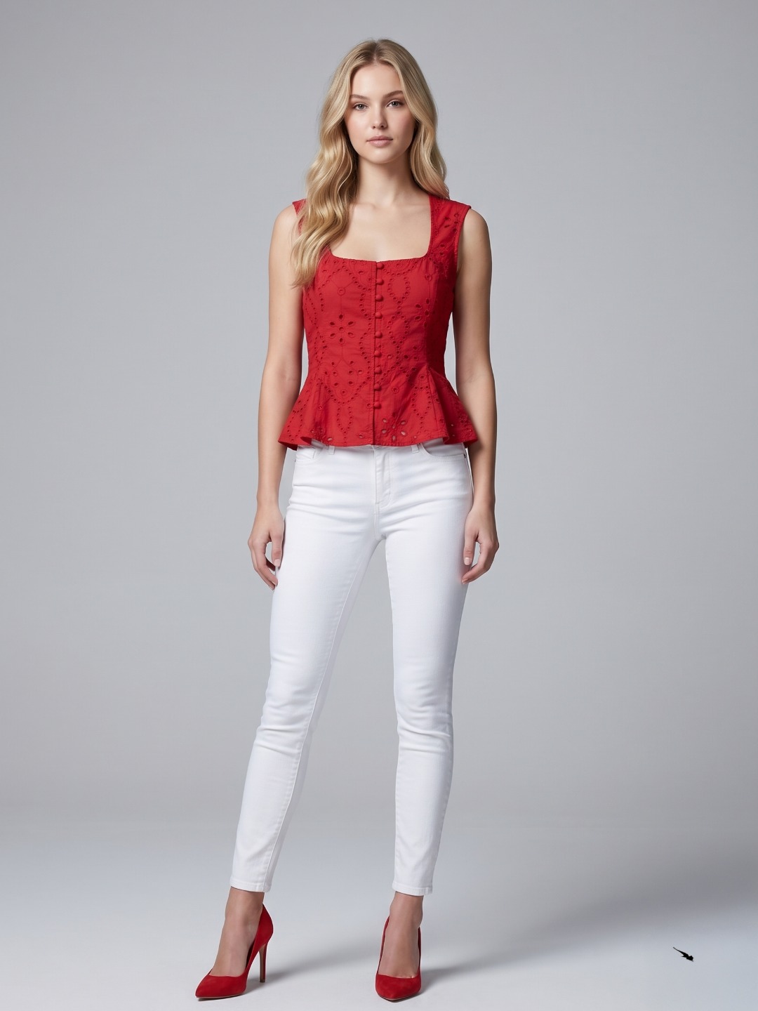 Women Red Schiffli Embroidered Cotton Peplum Top 4