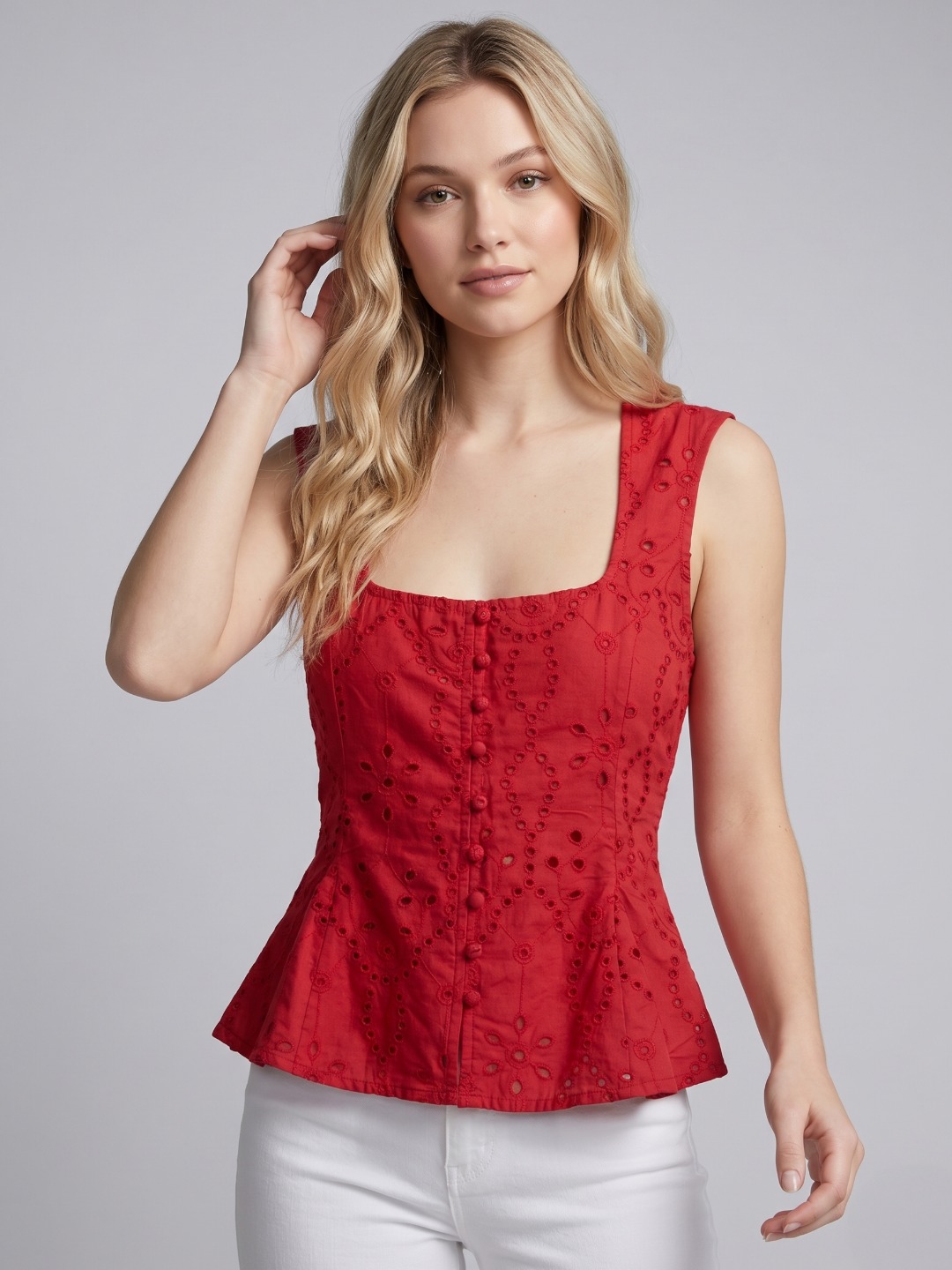 Women Red Schiffli Embroidered Cotton Peplum Top 5