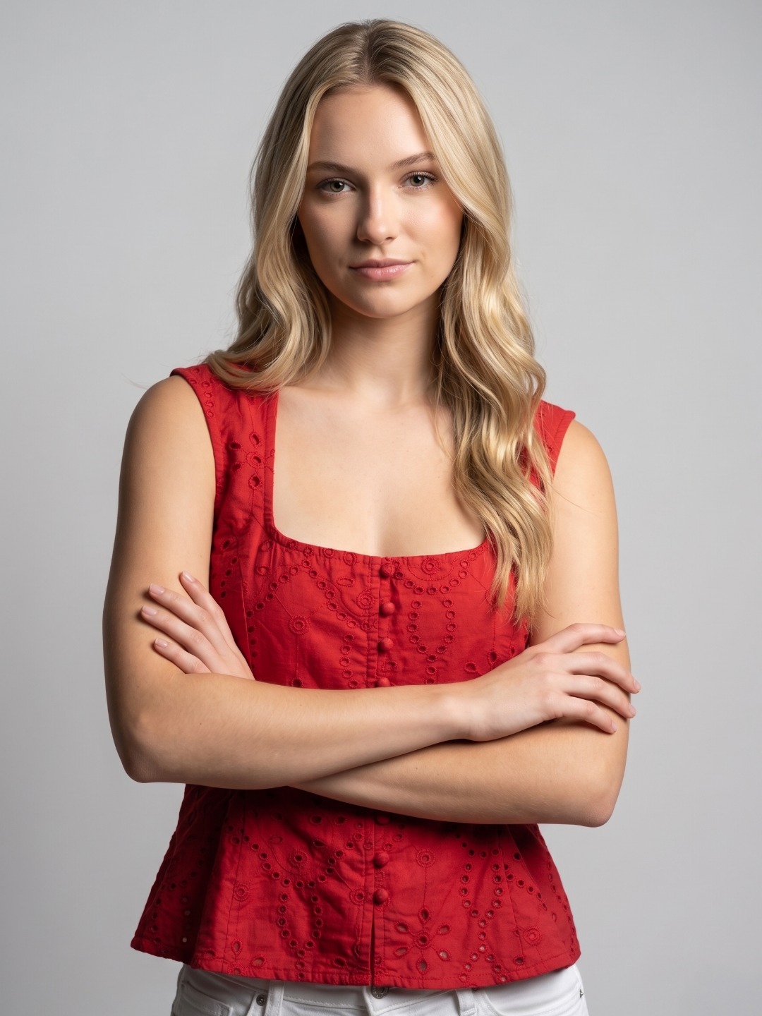 Women Red Schiffli Embroidered Cotton Peplum Top 6