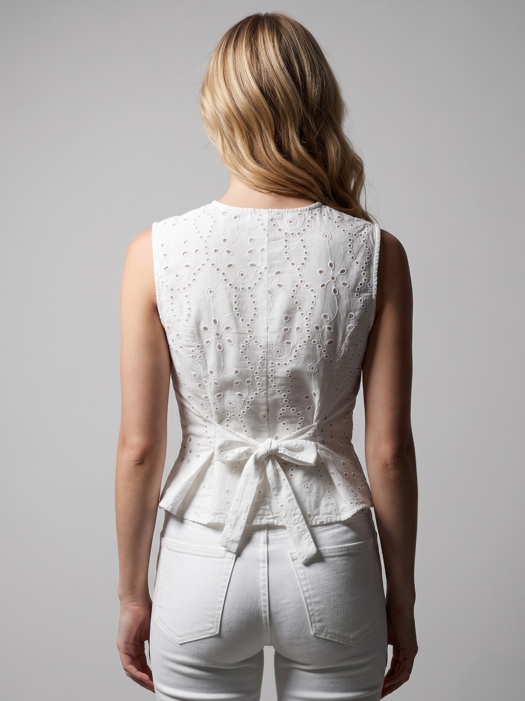 Women White Schiffli Embroidered Cotton Peplum Top 5