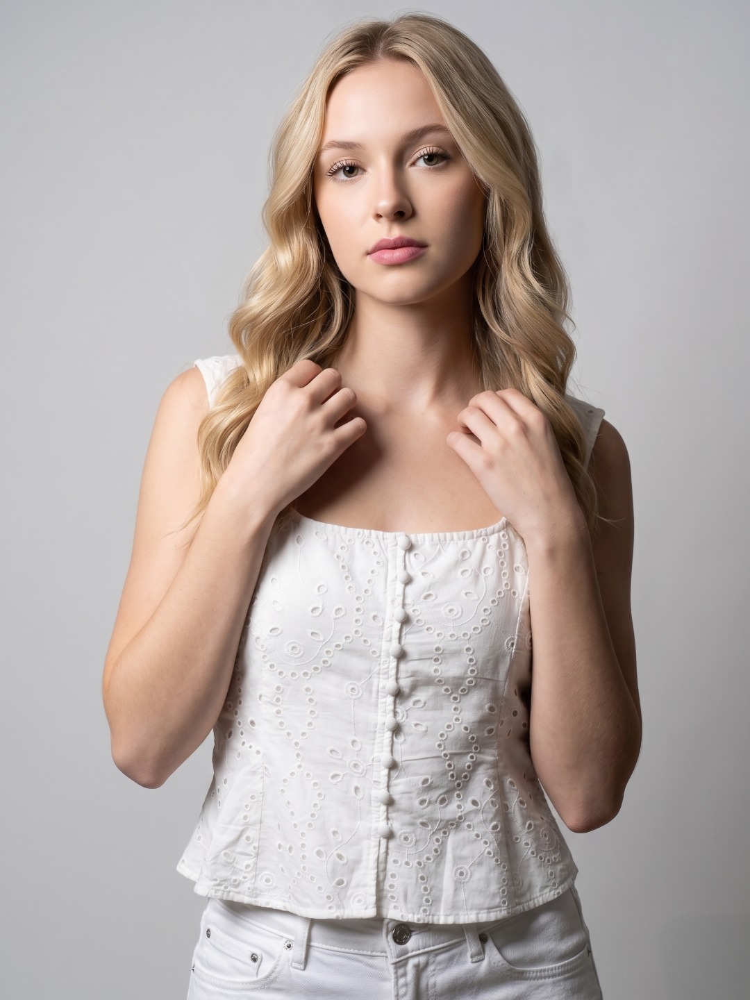 Women White Schiffli Embroidered Cotton Peplum Top 6