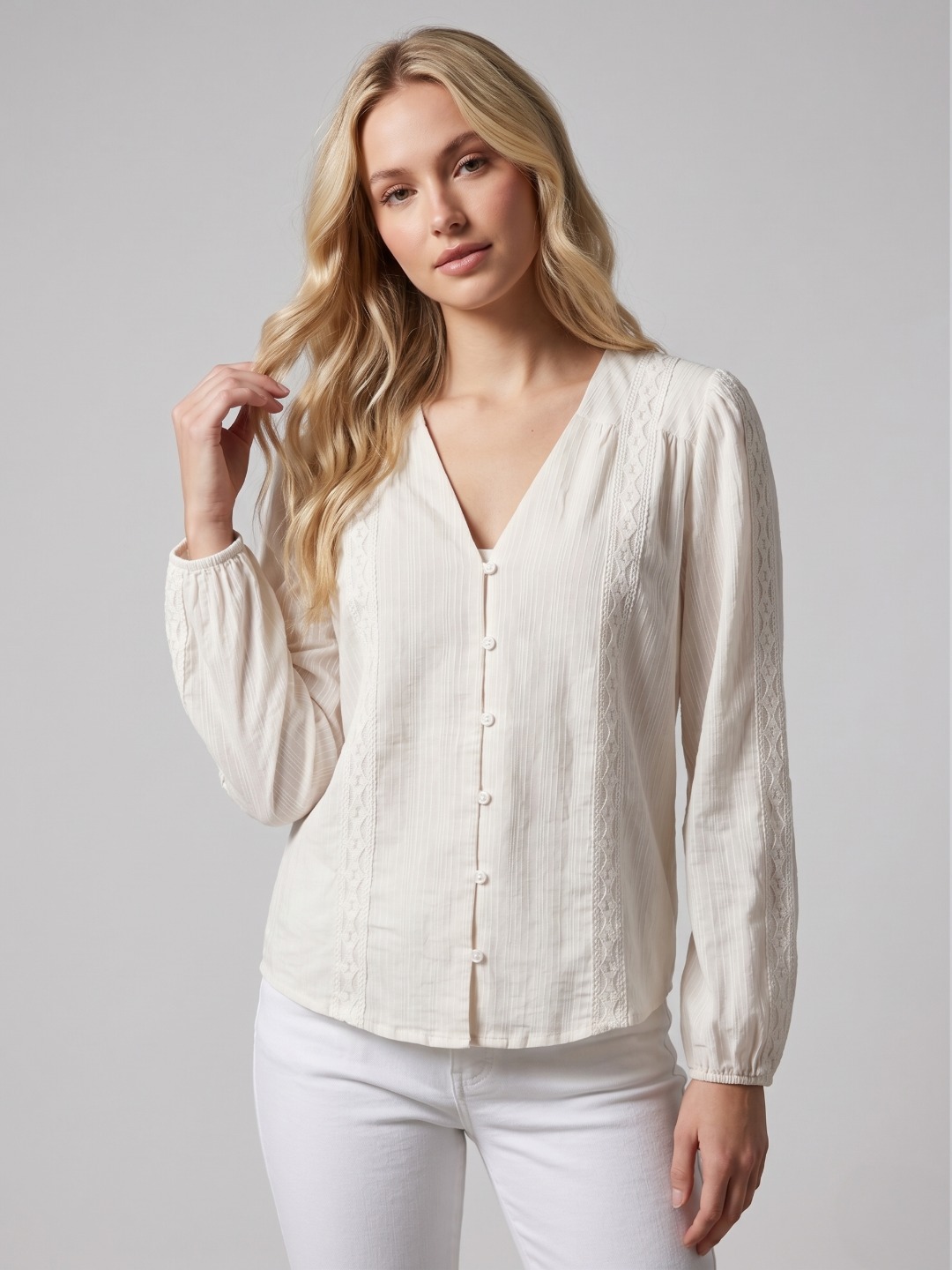 Women Off White Textured Embroidered Cotton V-Neck Top 2