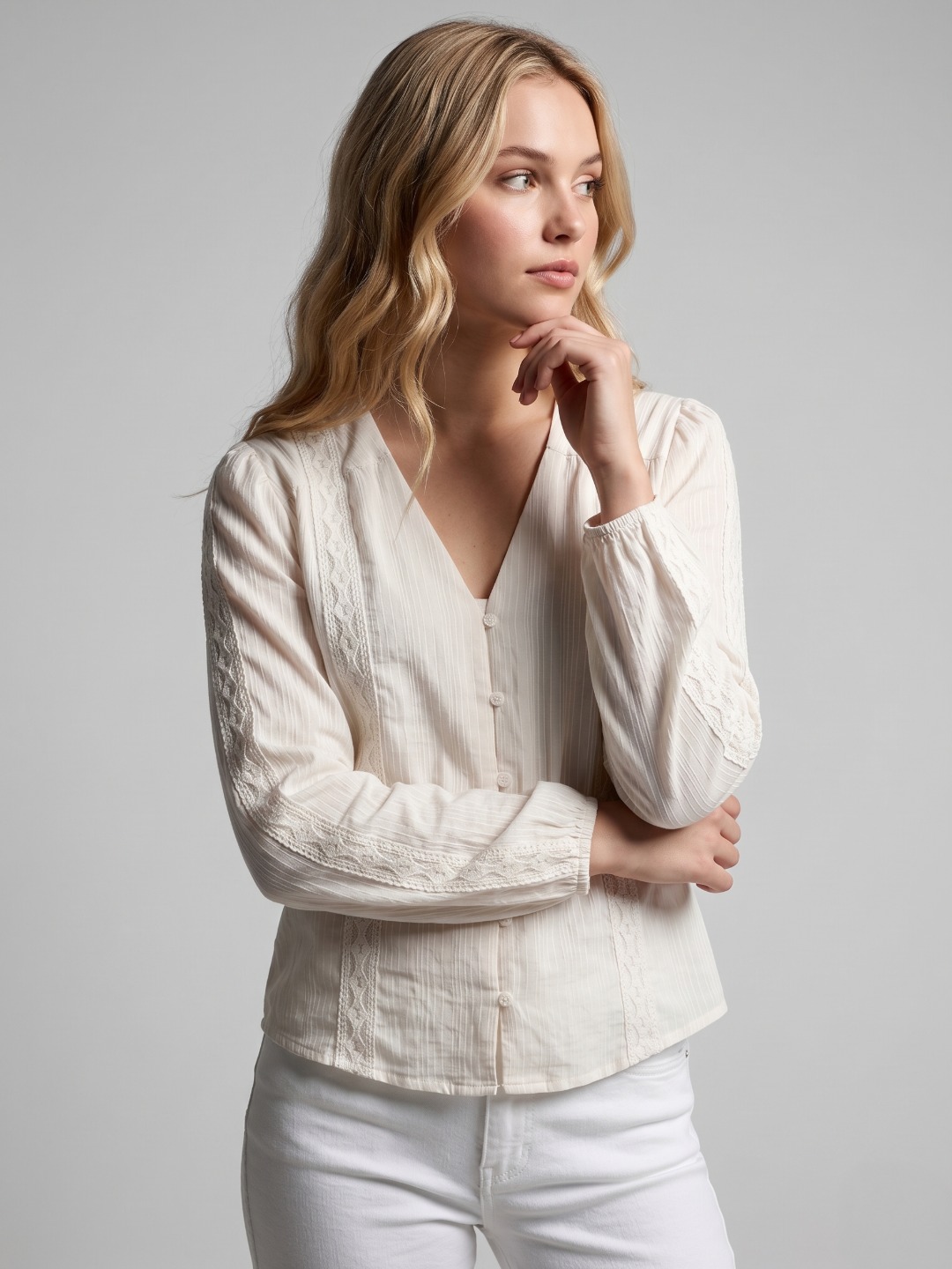 Women Off White Textured Embroidered Cotton V-Neck Top 3