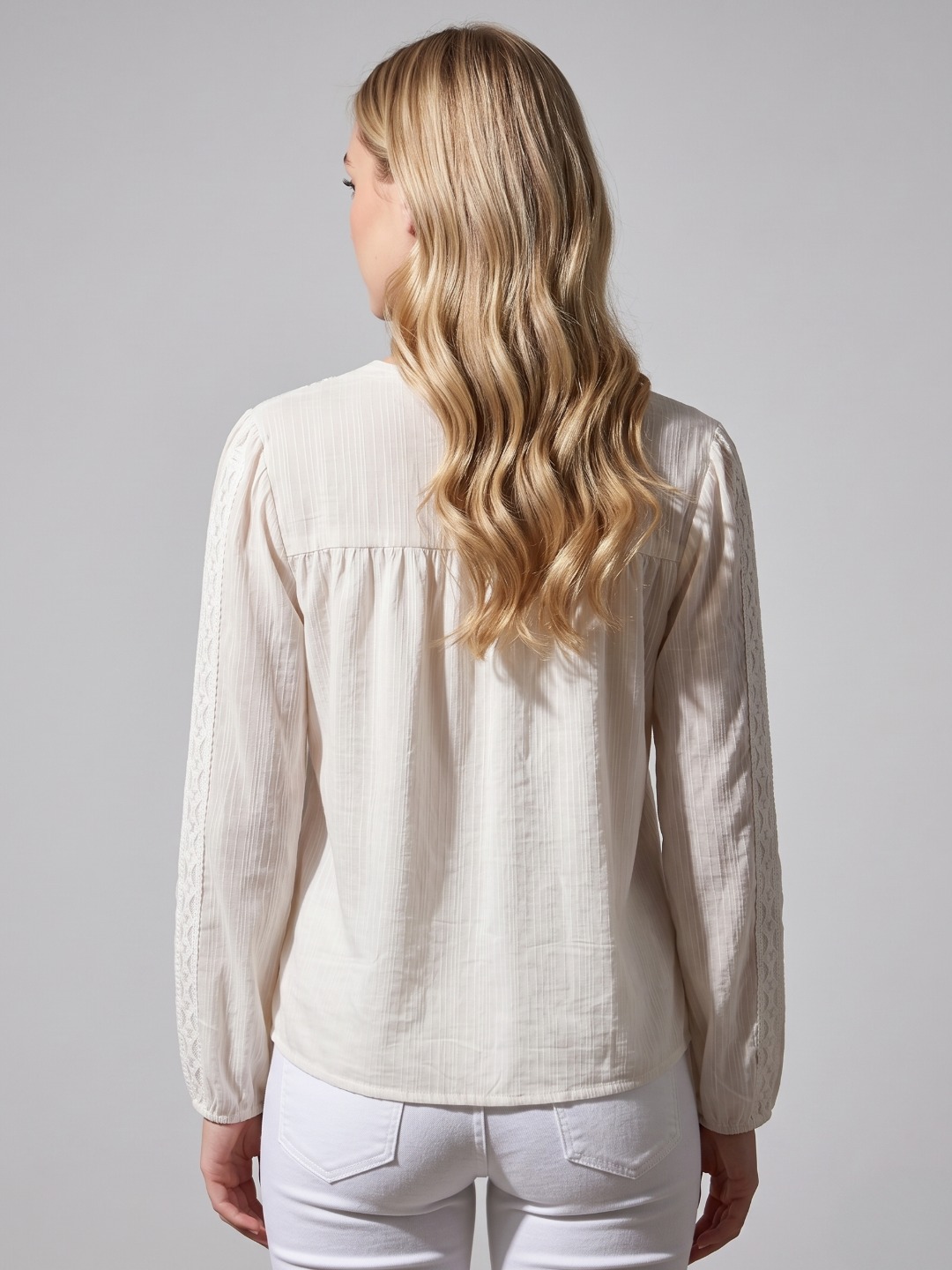Women Off White Textured Embroidered Cotton V-Neck Top 4