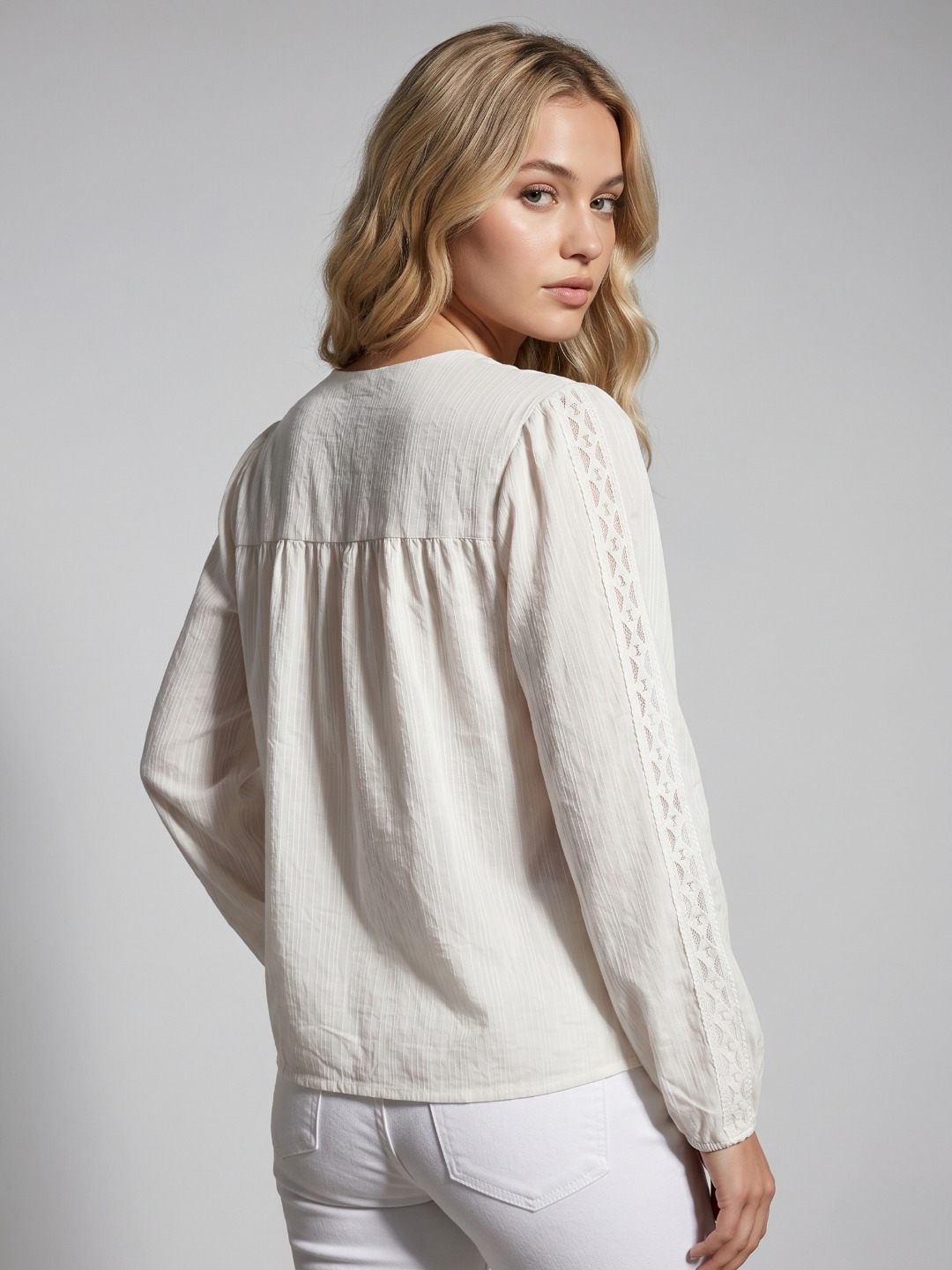 Women Off White Textured Embroidered Cotton V-Neck Top 5
