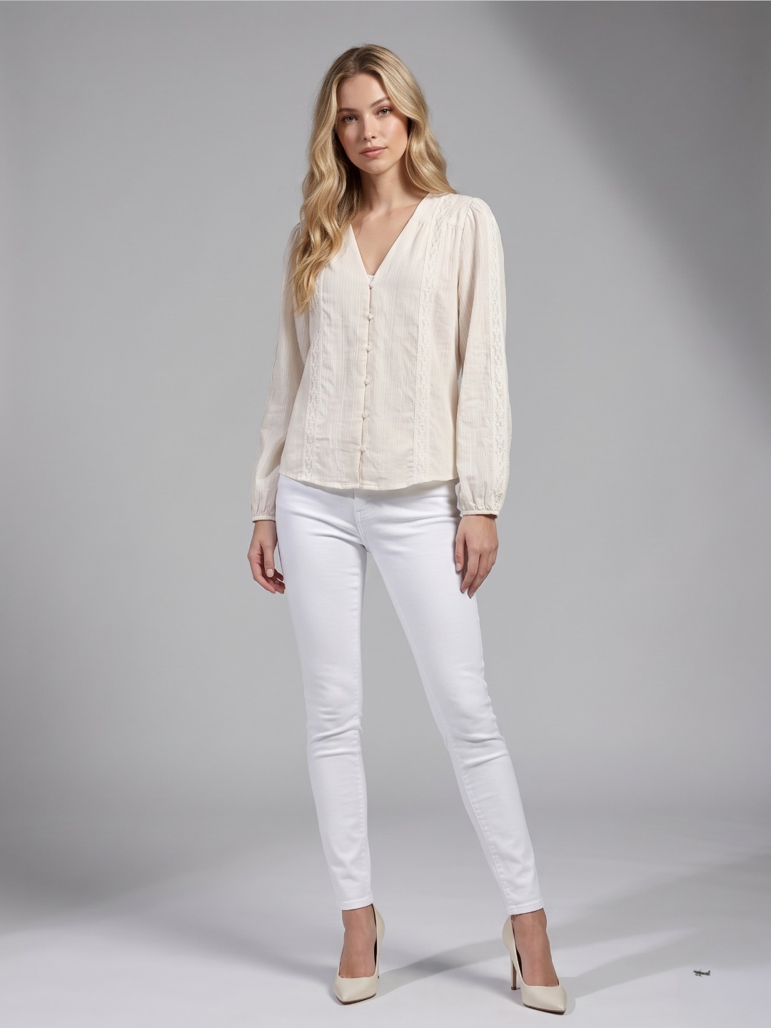 Women Off White Textured Embroidered Cotton V-Neck Top 6