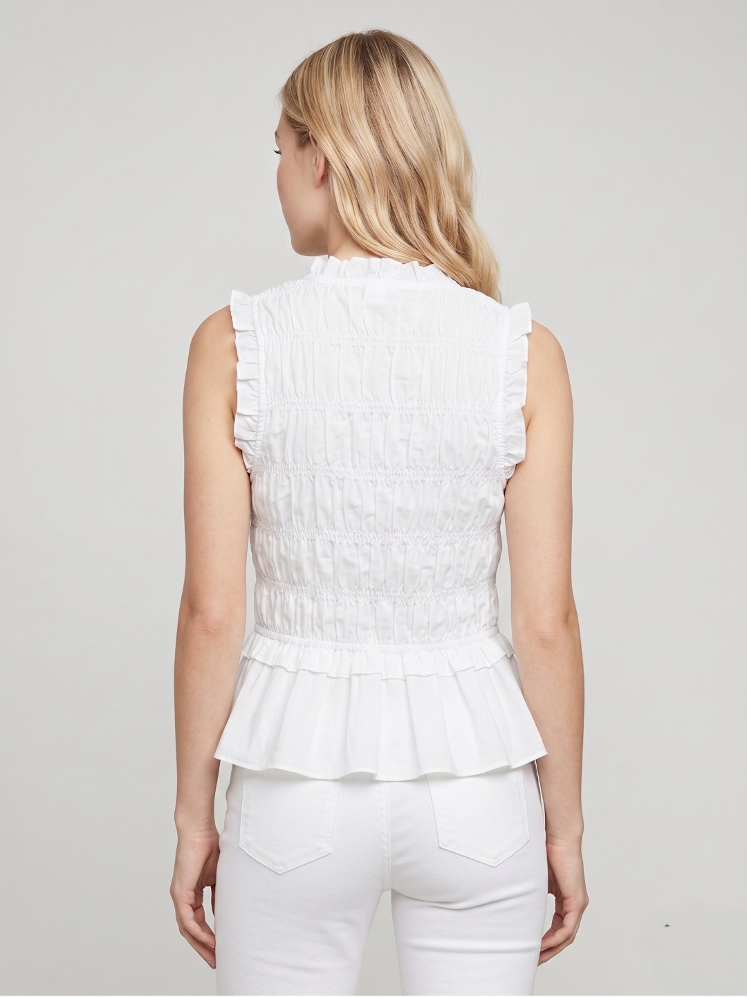 Women White Smocked Cotton Peplum Top 2