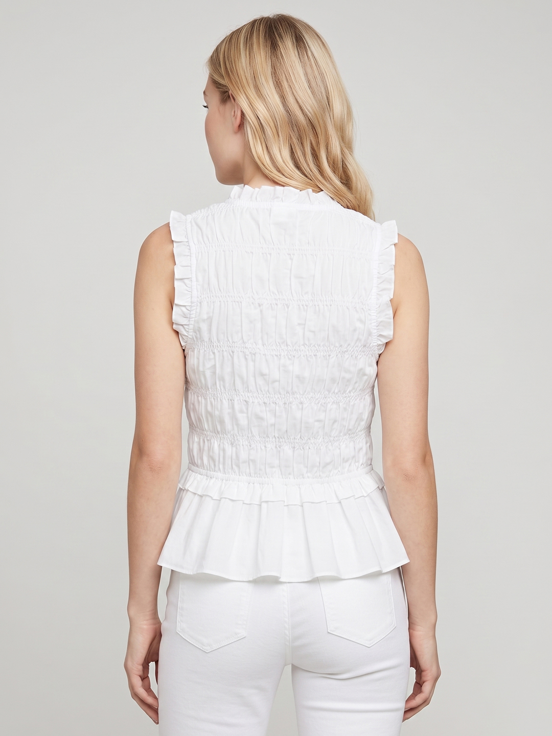 Women White Smocked Cotton Peplum Top 6