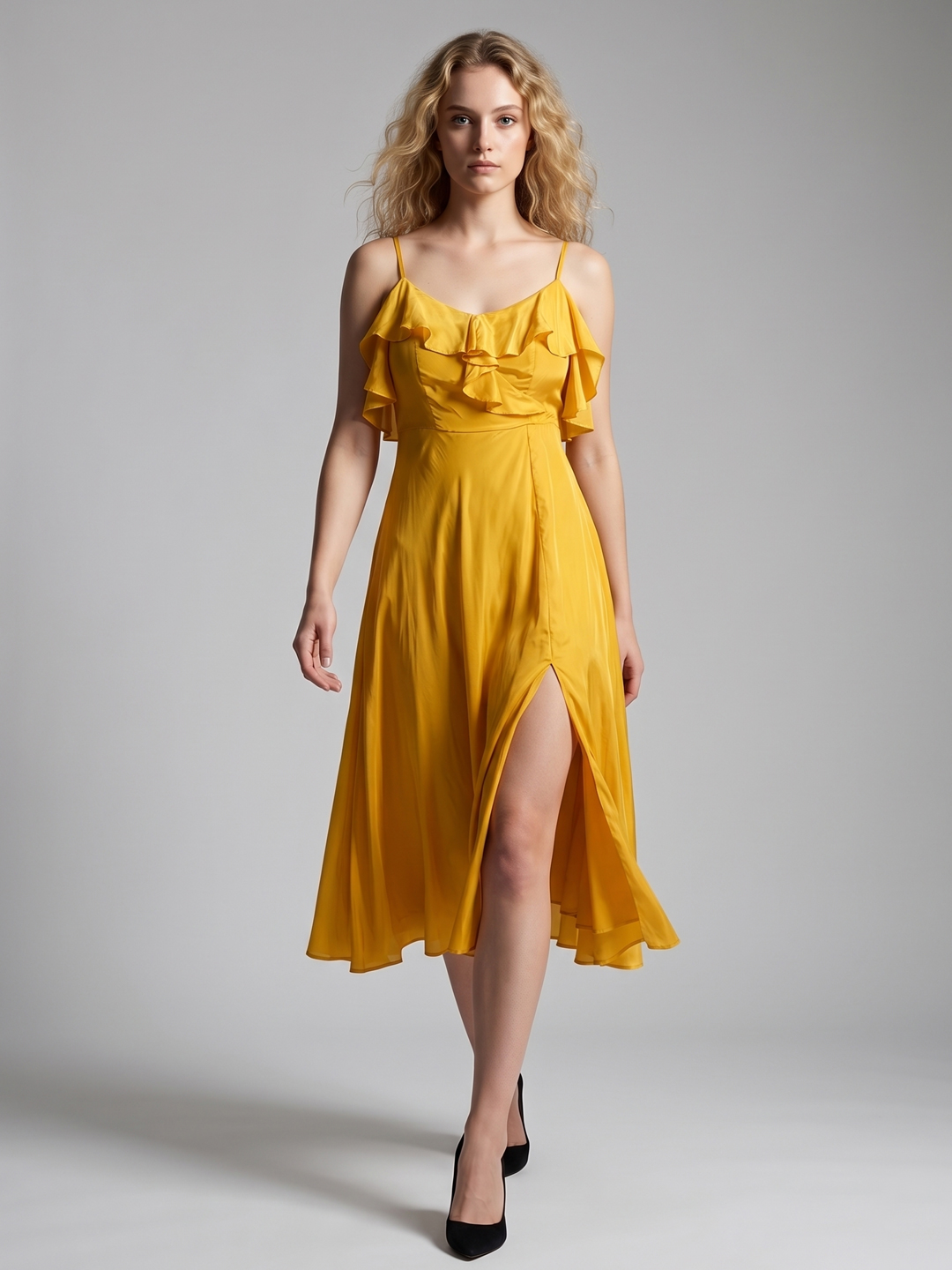 Women Yellow Yellow Pure Silk Solid Ruffled Slit Dress