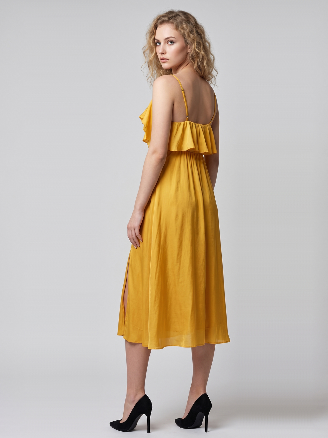 Women Yellow Yellow Pure Silk Solid Ruffled Slit Dress 2