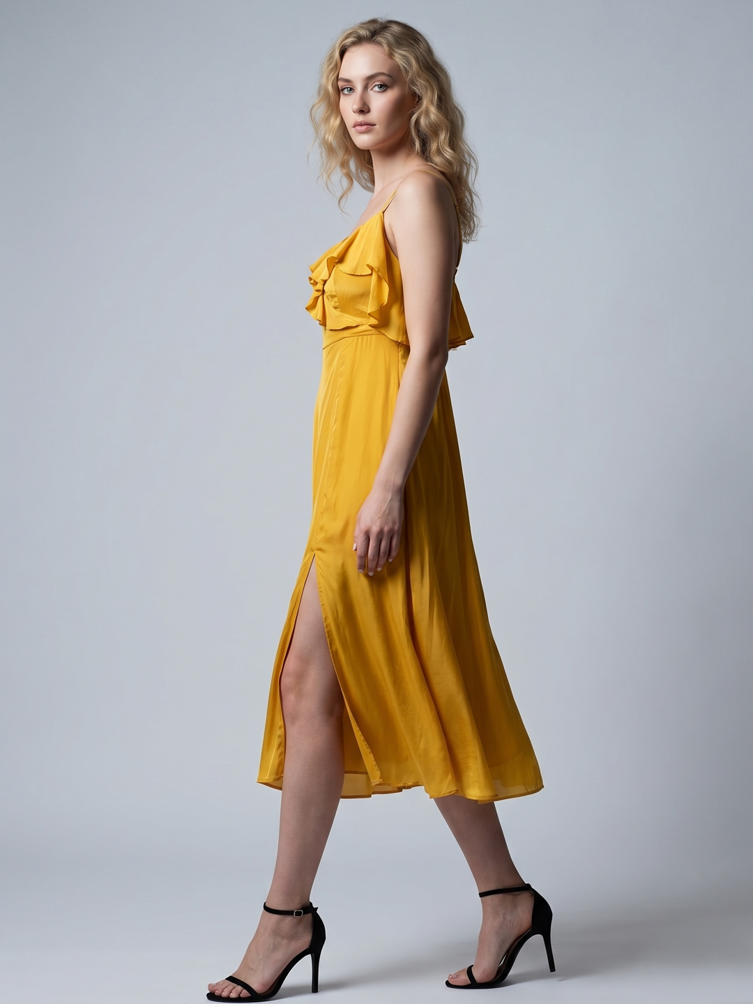 Women Yellow Yellow Pure Silk Solid Ruffled Slit Dress 3