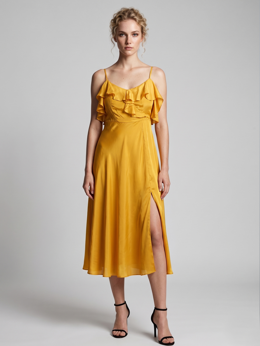 Women Yellow Yellow Pure Silk Solid Ruffled Slit Dress 4
